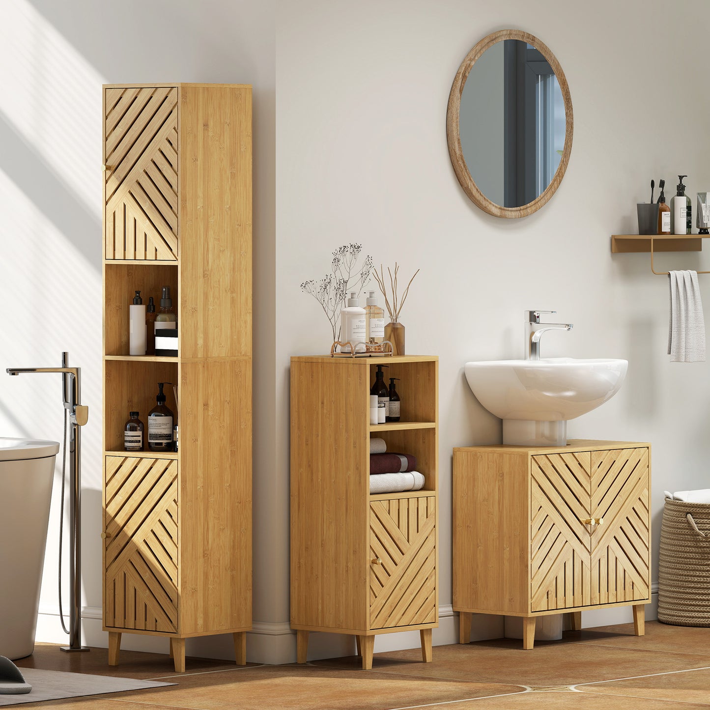 HOMCOM Tall Bamboo Door Bathroom Cabinet With Upper And Lower Cupboards And Adjustable Shelves Natural Finish