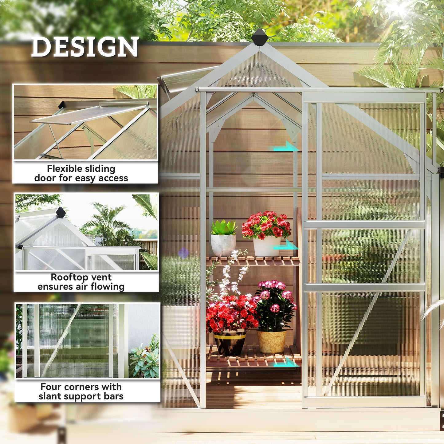 Outsunny 6 By 6ft Polycarbonate Greenhouse With Powder Coated Aluminum Frame For Easy Walk In Access Clear