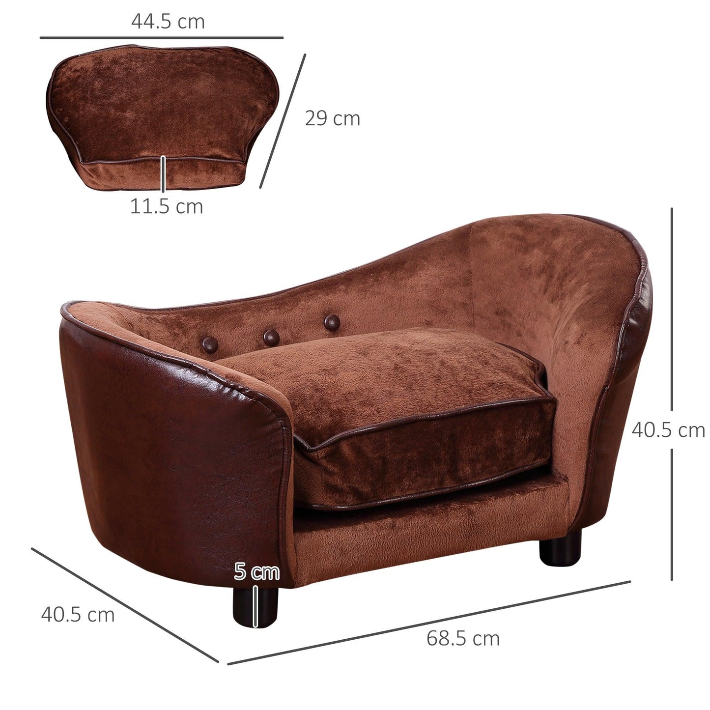PawHut Dog Sofa Chair W/ Legs Cushion for XS Dog Cat 68.5x40.5x40.5 cm, Brown - ALL4U RETAILER LTD
