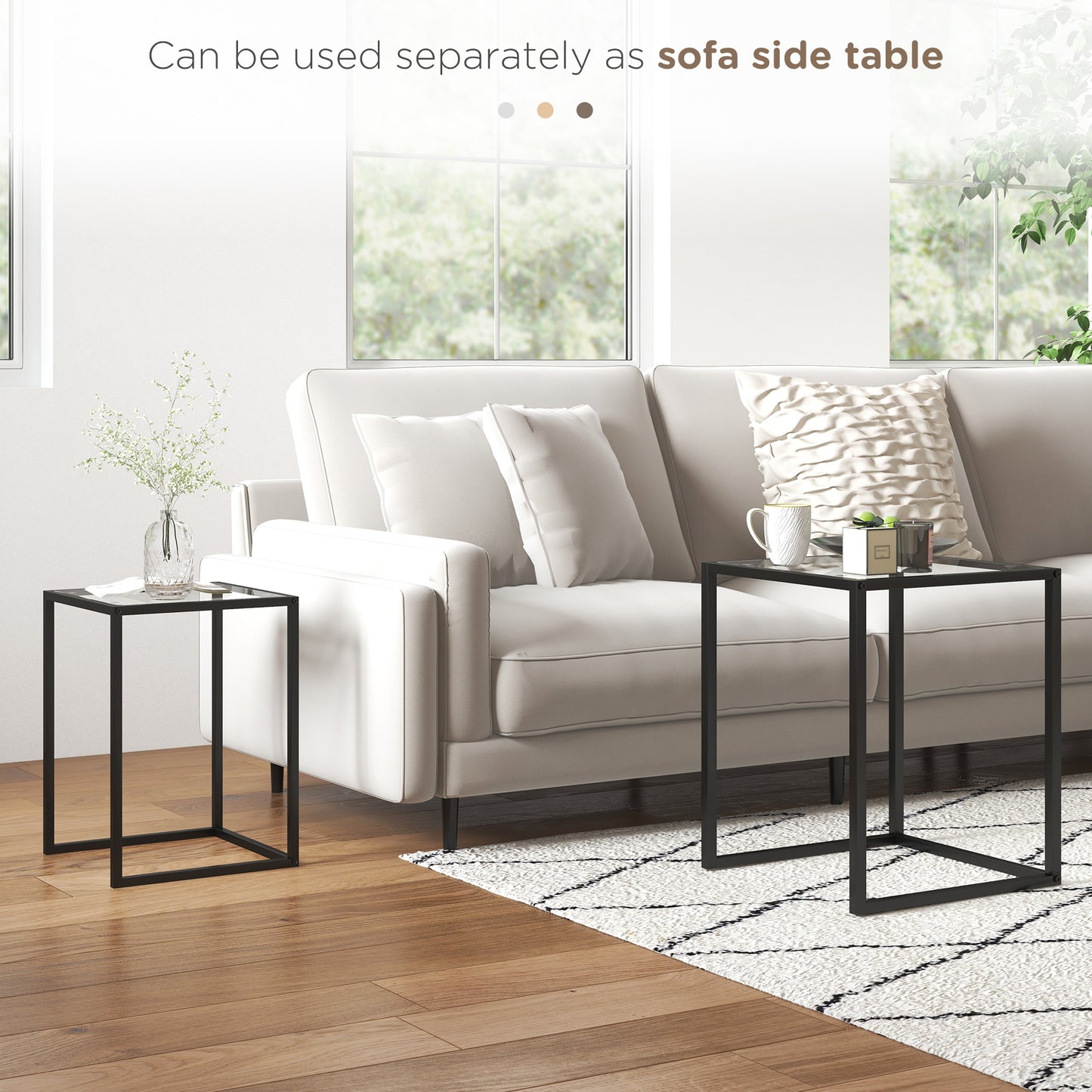 HOMCOM Nesting Tables Set of 2 With Tempered Glass Tops and Steel Frame Space Saving End Tables for Living Room Black