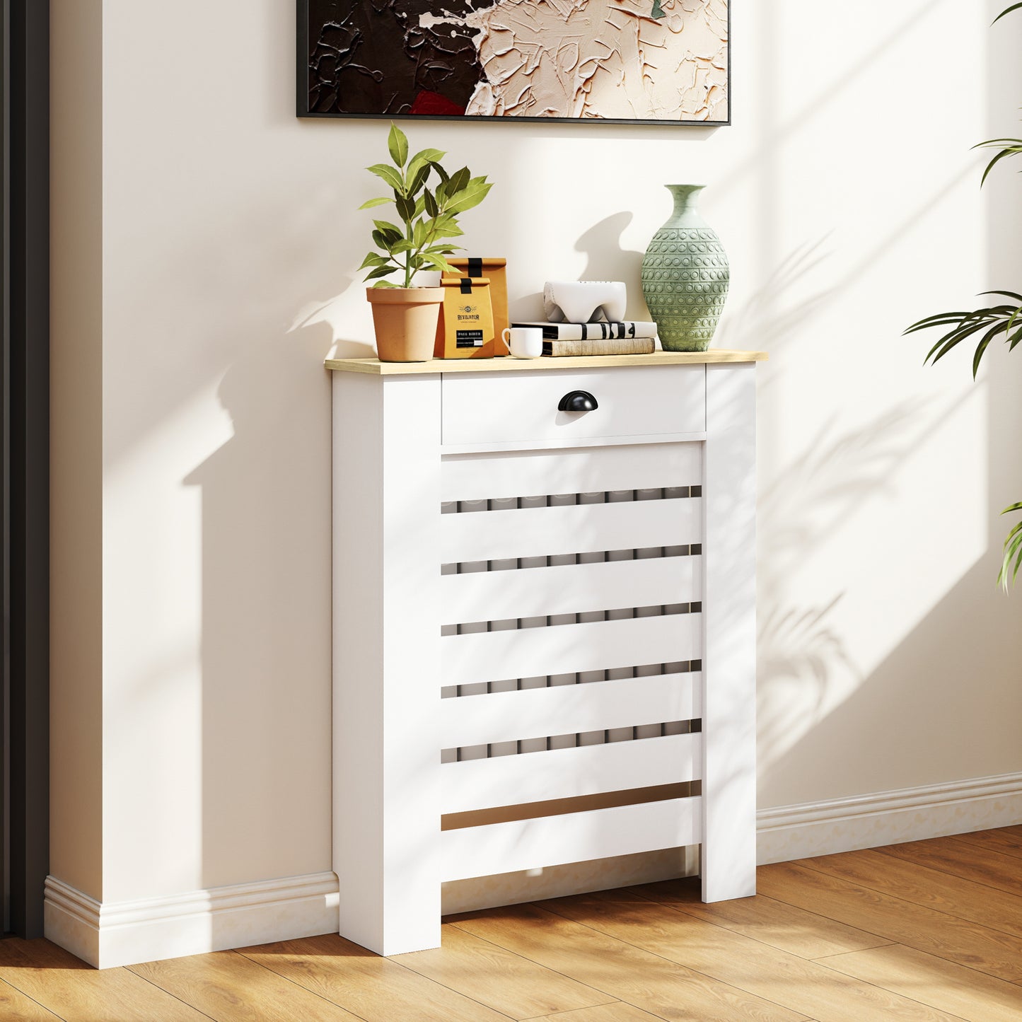 HOMCOM Radiator Cover With Drawer 95.5H x 78W cm White Slatted MDF and Particle Board