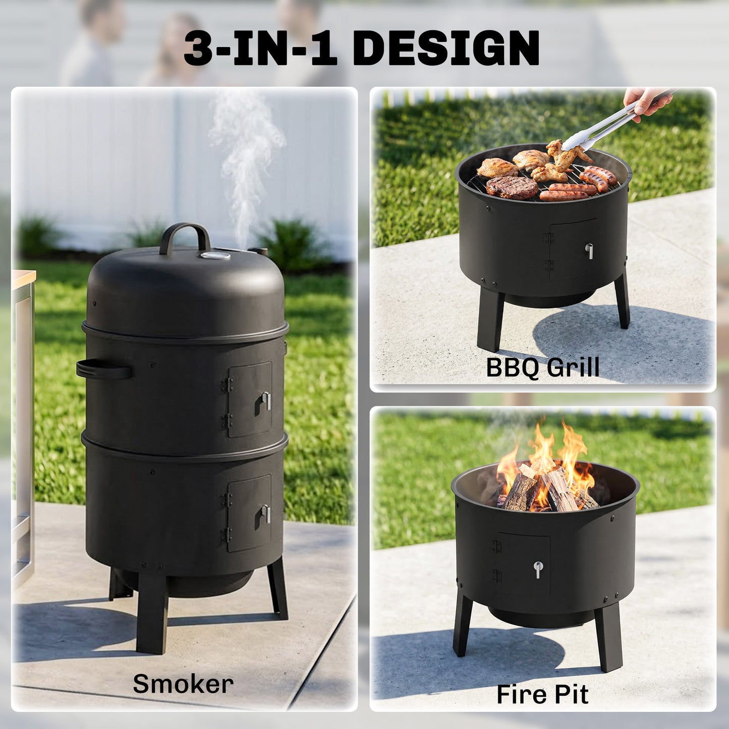 Outsunny 3-In-1 Vertical Charcoal Smoker With Two Grill Grates Built-In Thermometer Adjustable Vent And Two Doors