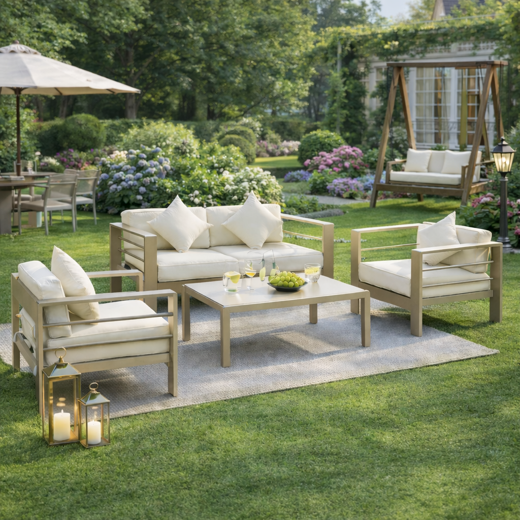 Outsunny Four Piece Outdoor Garden Furniture Set Aluminium Frame Champagne Gold Cushioned Loveseat And Glass Top Table