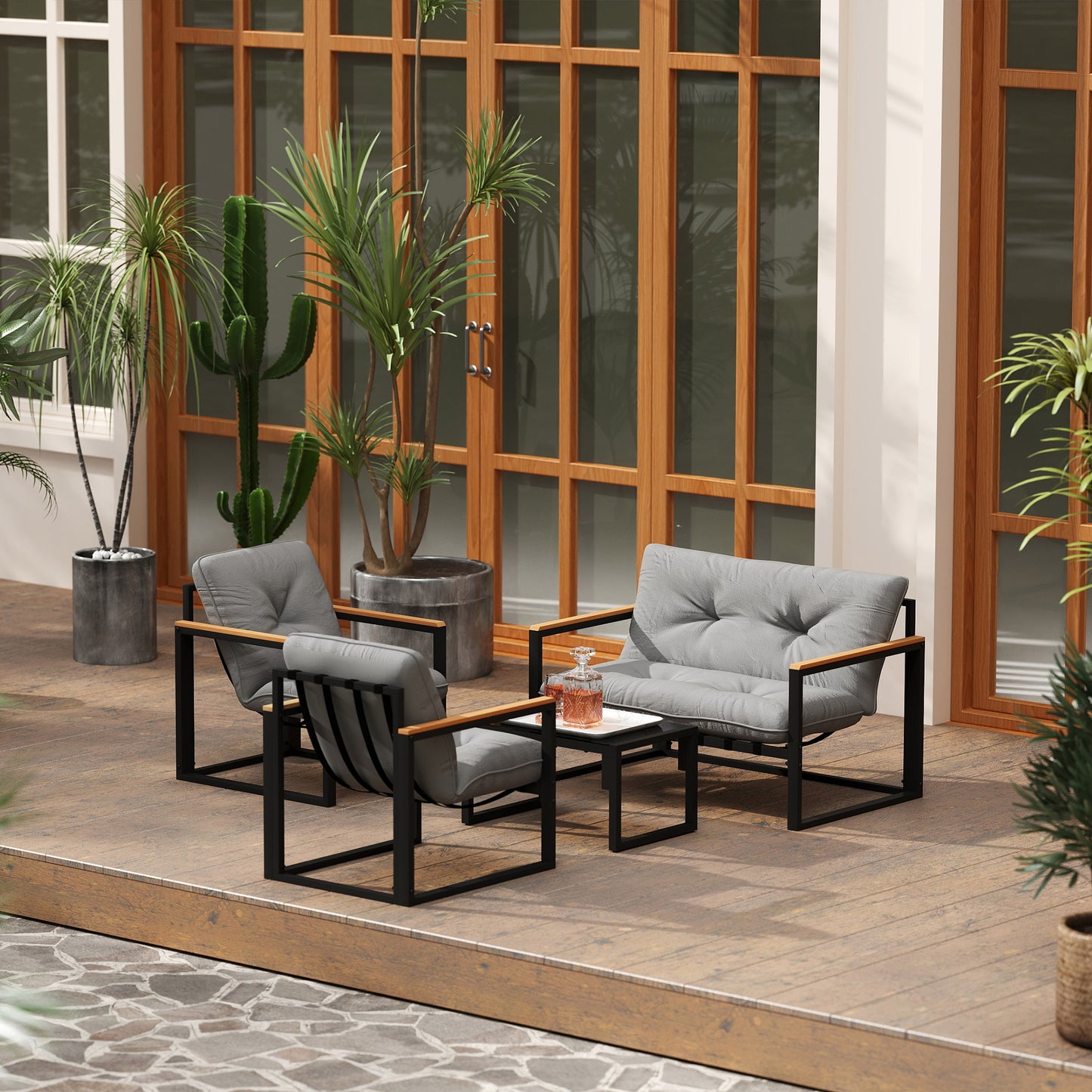 Outsunny 4 Piece Garden Furniture Set Conservatory Loveseat Armchairs Glass Top Coffee Table Cushions Light Grey