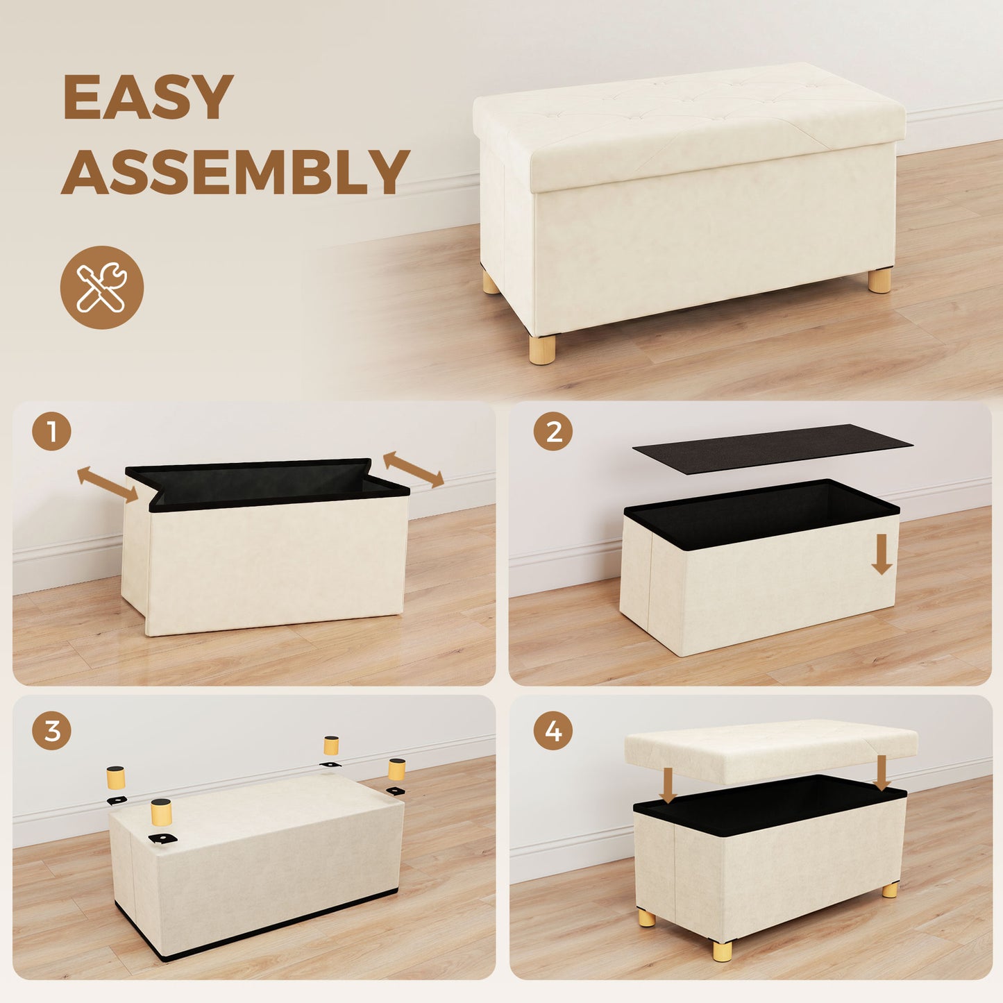 HOMCOM Velvet Upholstered Foldable Ottoman Footrest With Storage Bench Wood Legs Cream White Living Room