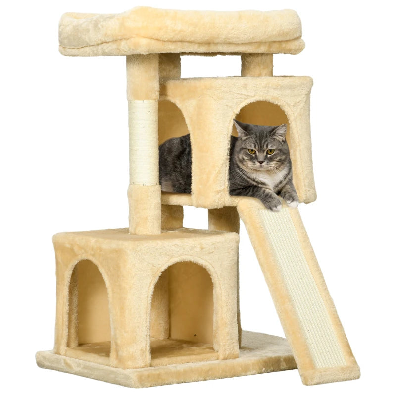 PawHut Sisal Cat Rest & Play Activity Tree with 2 Houses - Cream White | Pet Furniture - ALL4U RETAILER LTD