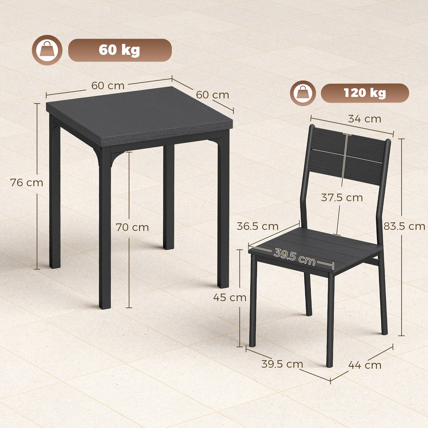 HOMCOM 3 Piece Space Saving Kitchen Table And Chairs Set For 2 With Metal Legs Black Wood Effect