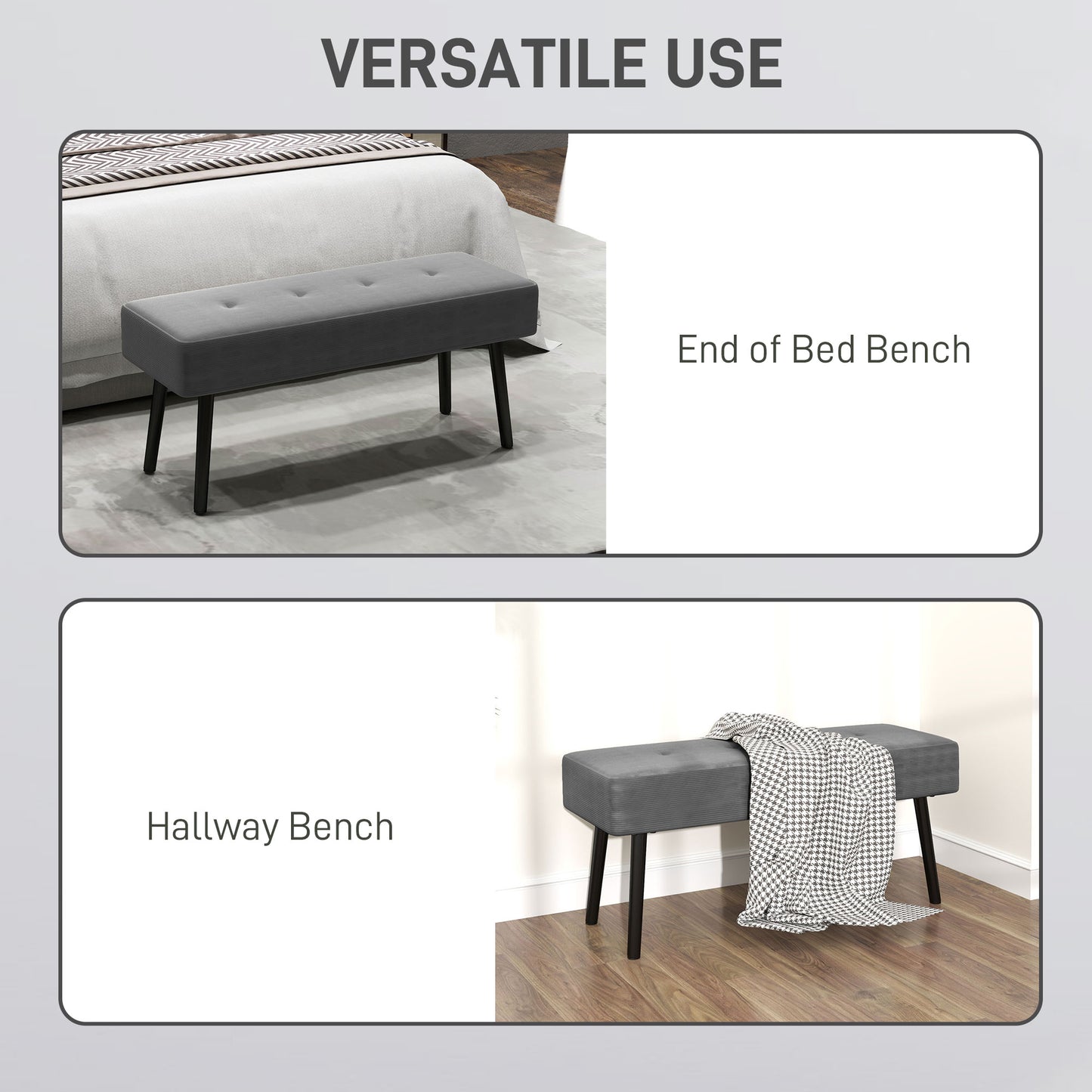 HOMCOM End Of Bed Bench With Corduroy Upholstery And Thick Padding Tufted Window Seat For Entryway And Living Room Grey