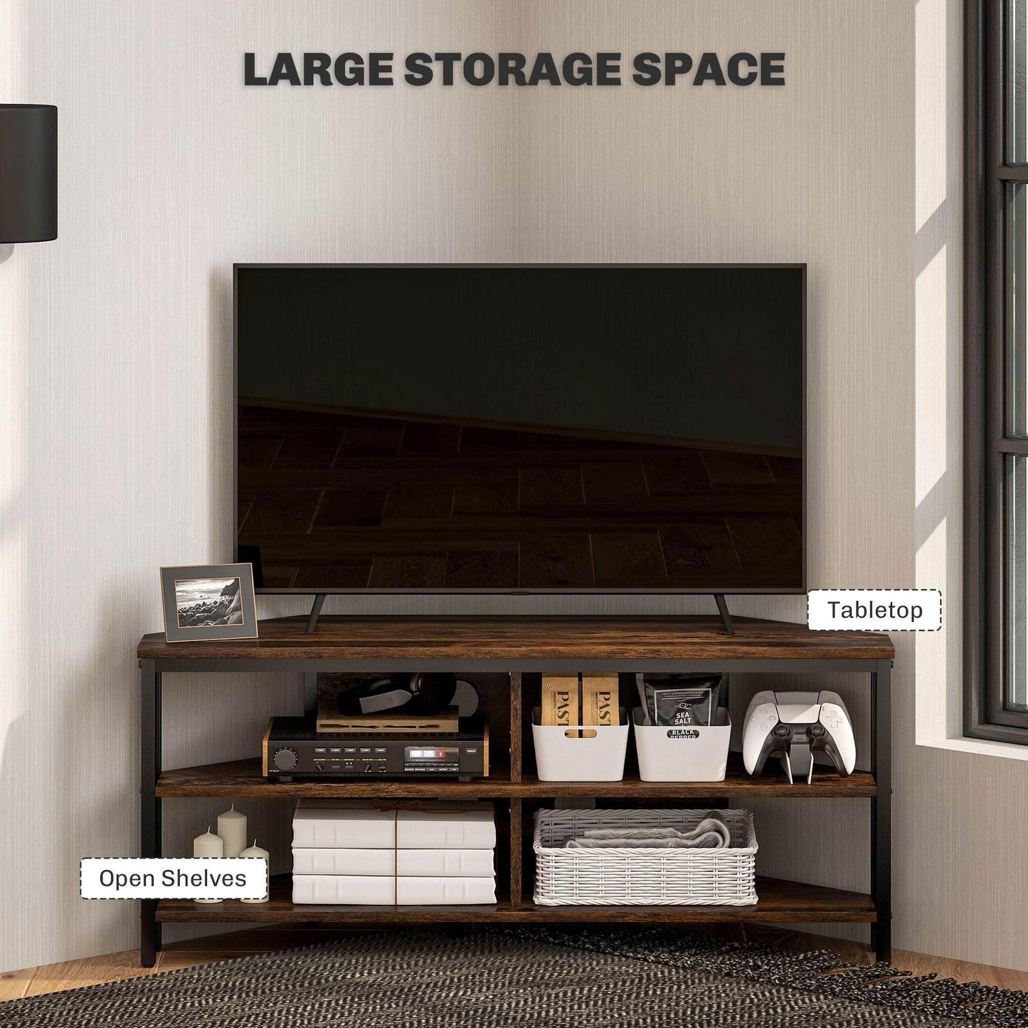 HOMCOM Rustic Industrial Corner TV Stand - Black and Brown - ALL4U RETAILER LTD