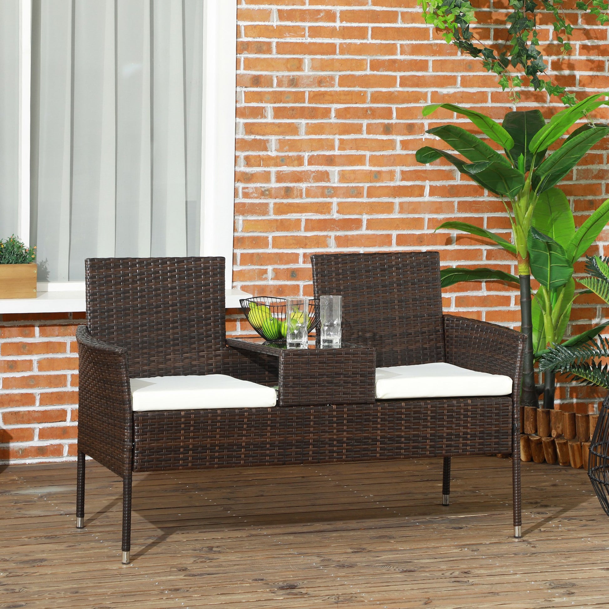 Outsunny Dual Seat Rattan Lounge Chair Set with Center Table - Brown - ALL4U RETAILER LTD