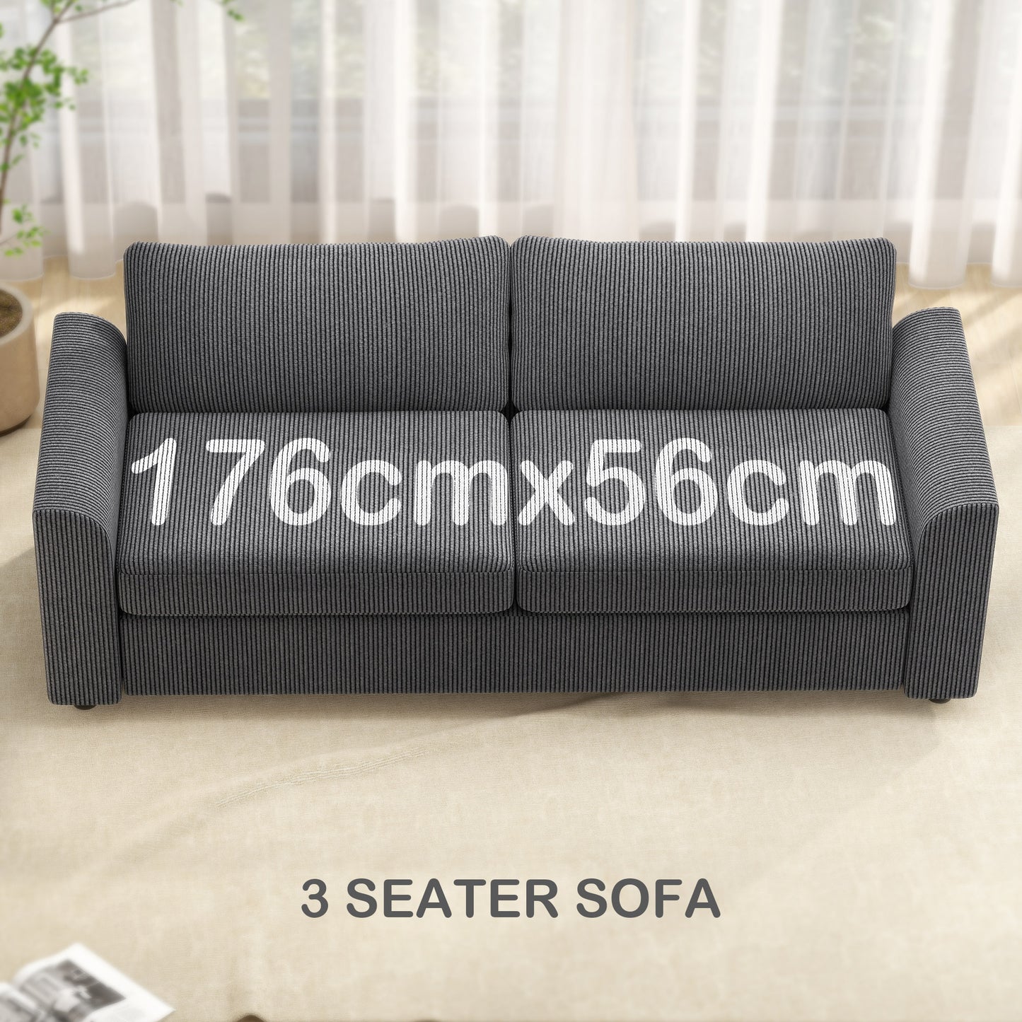 HOMCOM Modern 3 Seater Sofa 212 cm Corduroy Fabric With Spring Cushions And 2 Scatter Cushions Grey Living Room
