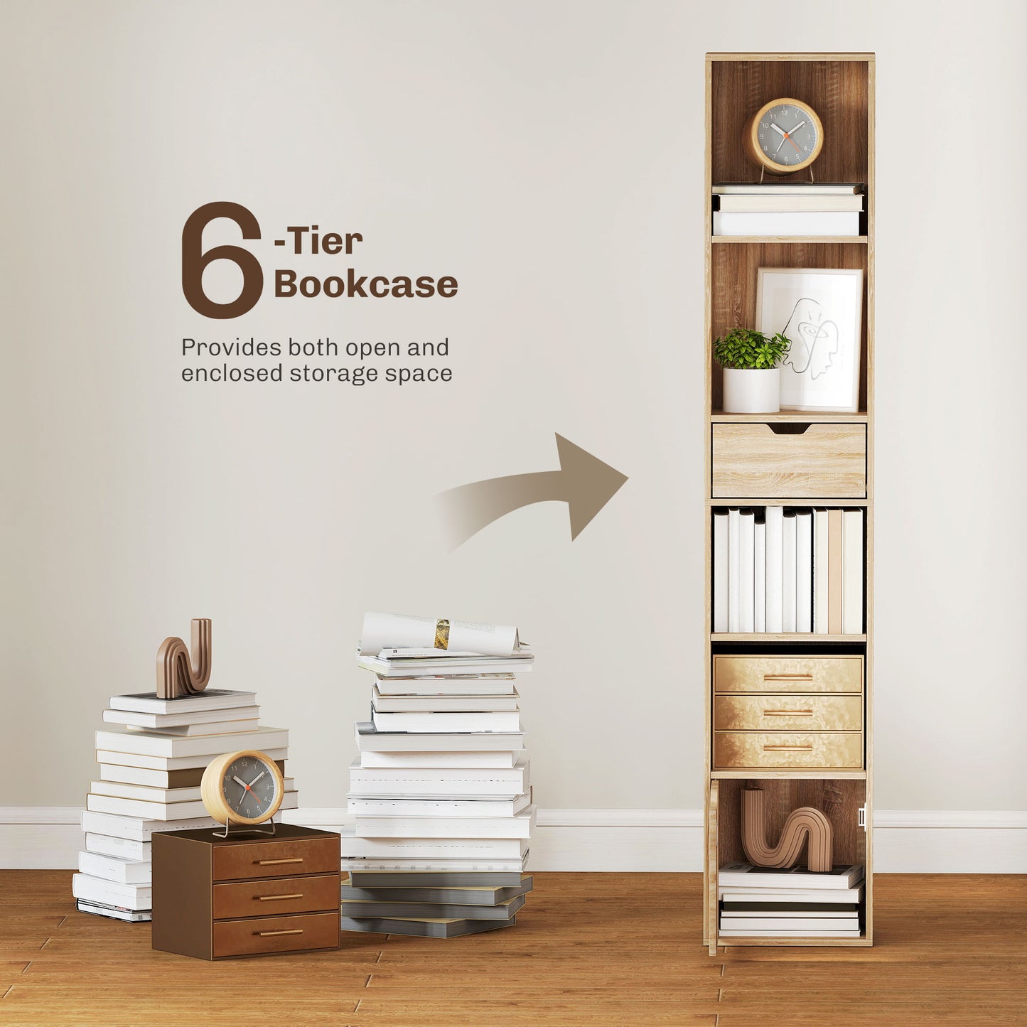 HOMCOM Six Tier Tall Narrow Bookcase With Drawer And Door Natural Wood Finish Durable Storage