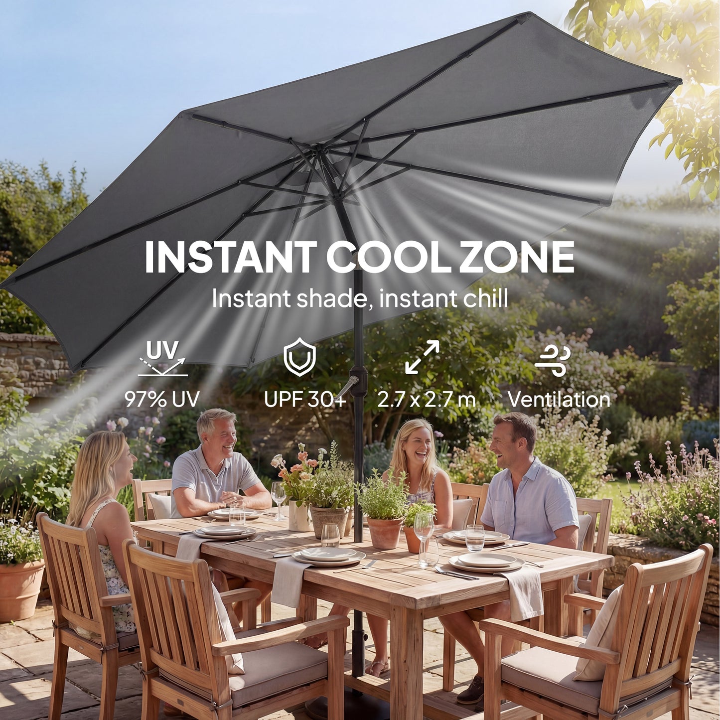 Outsunny 2.7 m Parasol Umbrella With Cross Base And Sandbag Retractable Ribs Outdoor Table Market Umbrella Light Grey