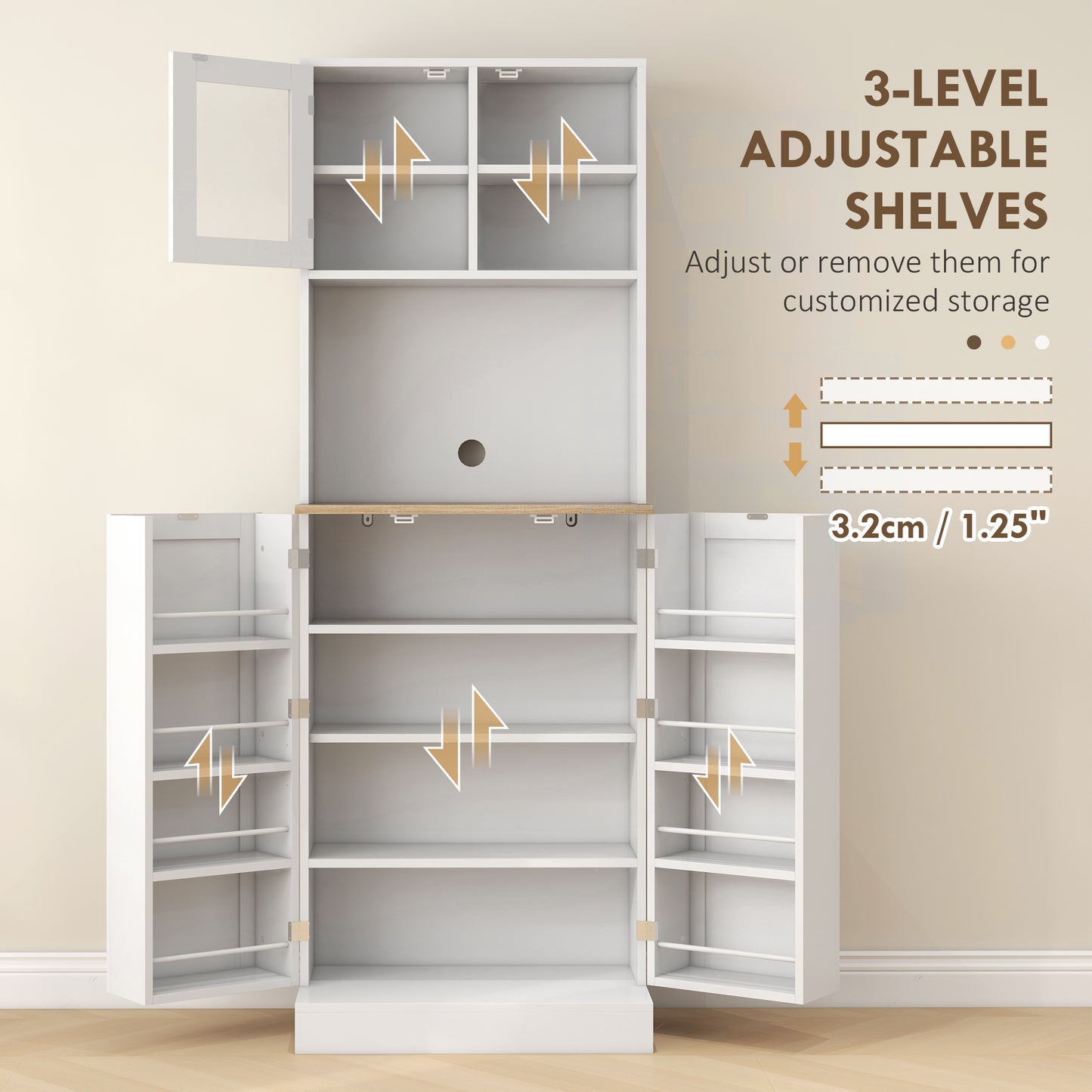 HOMCOM Two Part Kitchen Storage Cabinet White Pantry Cupboard With Microwave Compartment And Multiple Shelves