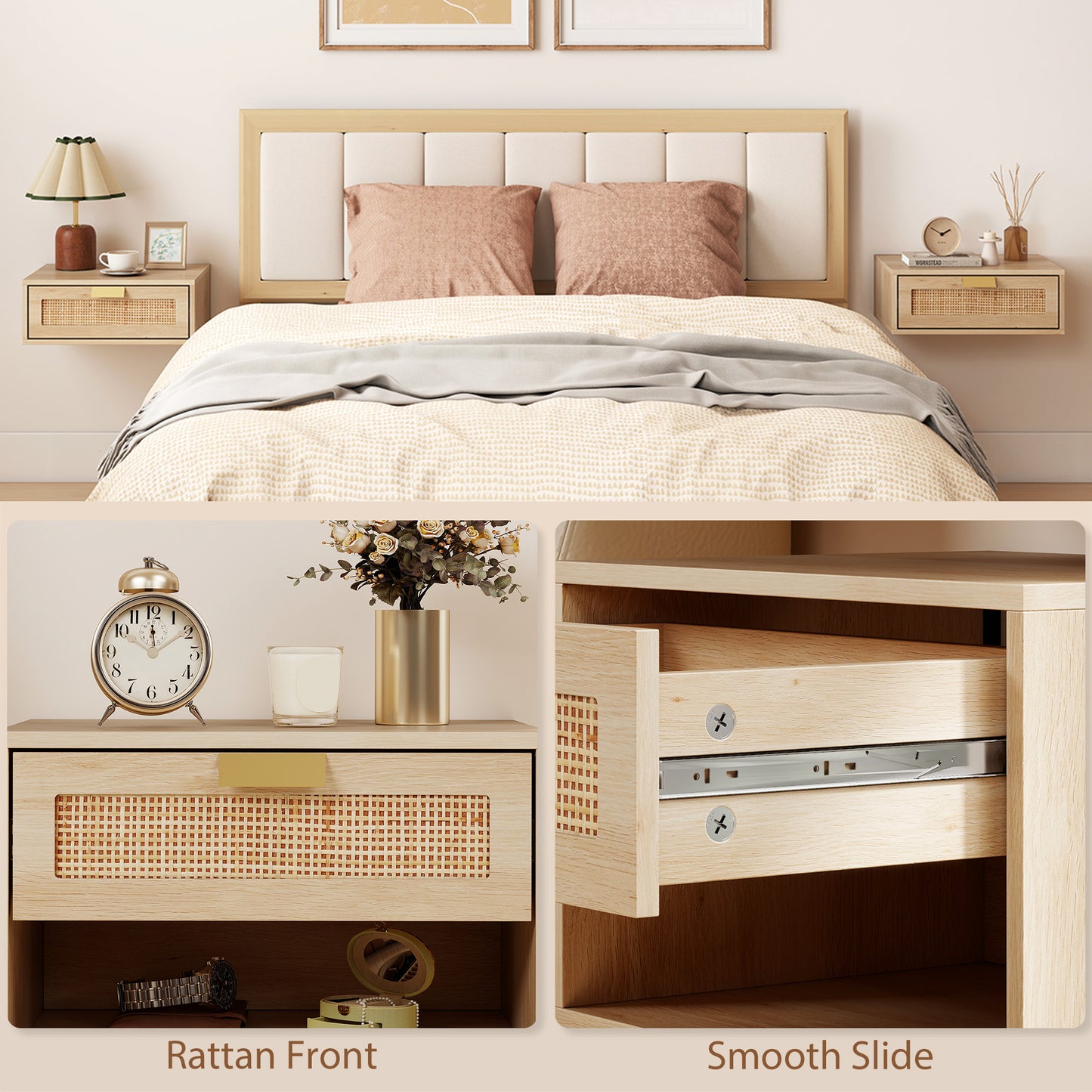 HOMCOM Floating Bedside Tables Set Of 2 Wall Mounted Cabinets With Rattan Drawer And Oak Wood Effect