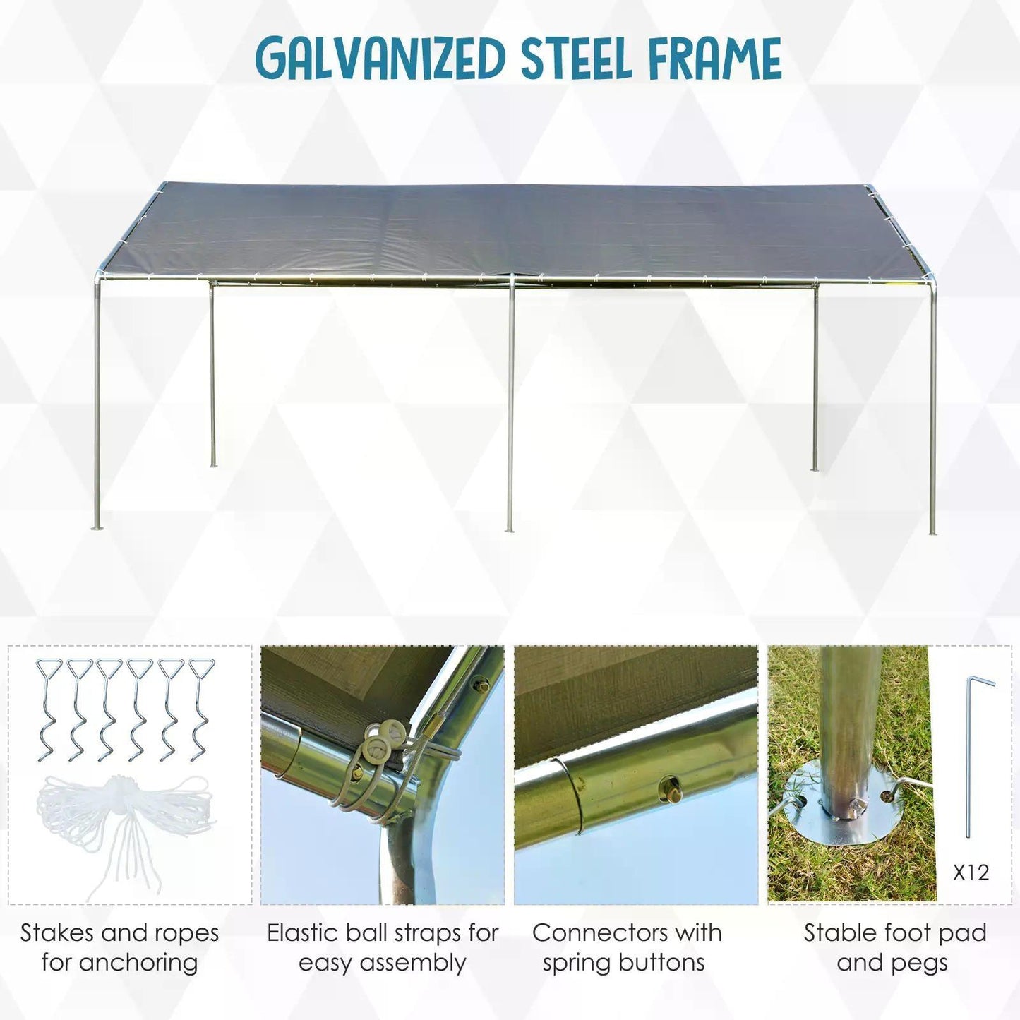 Outsunny 2-Rooms Outdoor Carport Galvanized Steel Frame Tent UV Resistant Grey - ALL4U RETAILER LTD