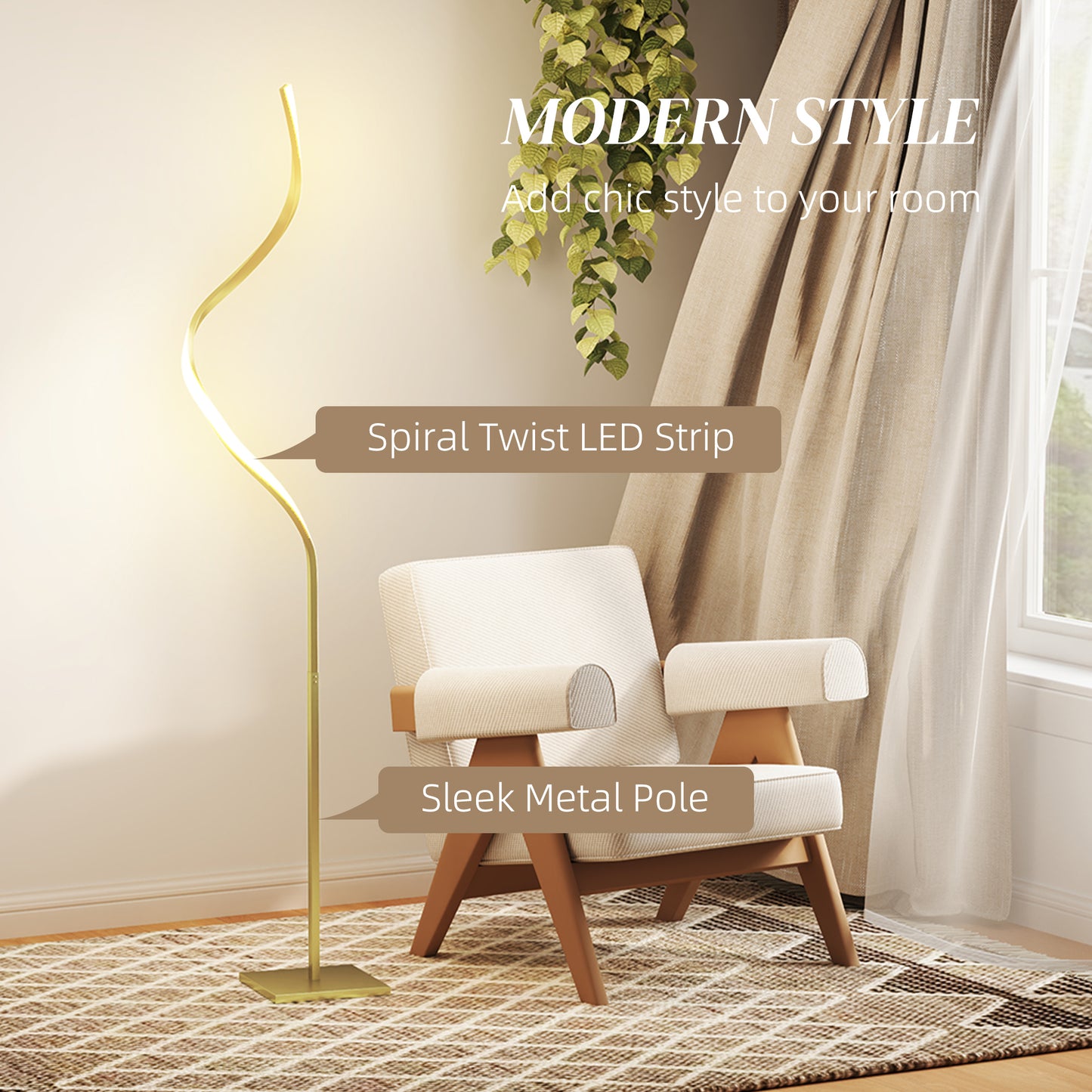 HOMCOM LED Floor Lamp Spiral Twist With 3 Adjustable Brightness Levels Foot Switch Gold Tone For Bedroom Living Room