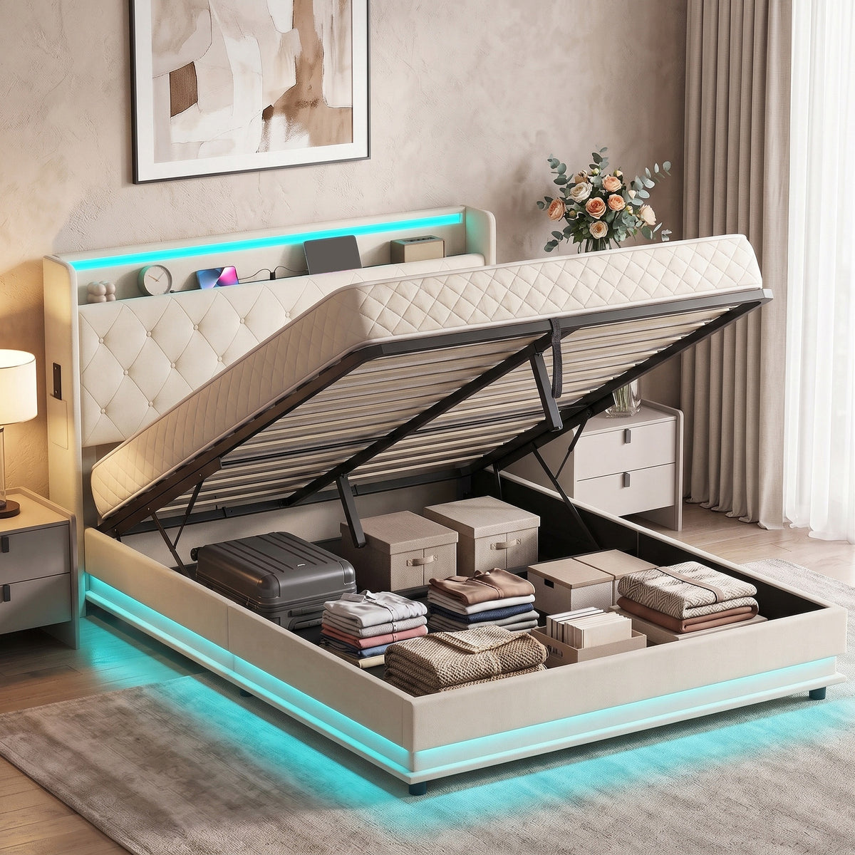 HOMCOM King Bed Frame With Hydraulic Storage Led Charging