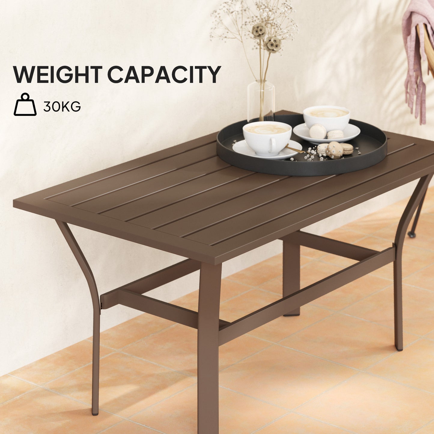 Outsunny Metal Garden Coffee Table 91.5 x 55 x 45 cm Slatted Top Weatherproof Outdoor Side Table Brown