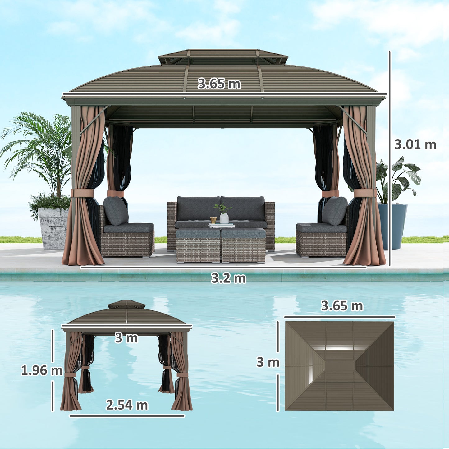 Outsunny 3.65m X 3m Hardtop Steel Gazebo Canopy With Aluminium Frame Double Roof Net Sidewalls And Curtains Coffee