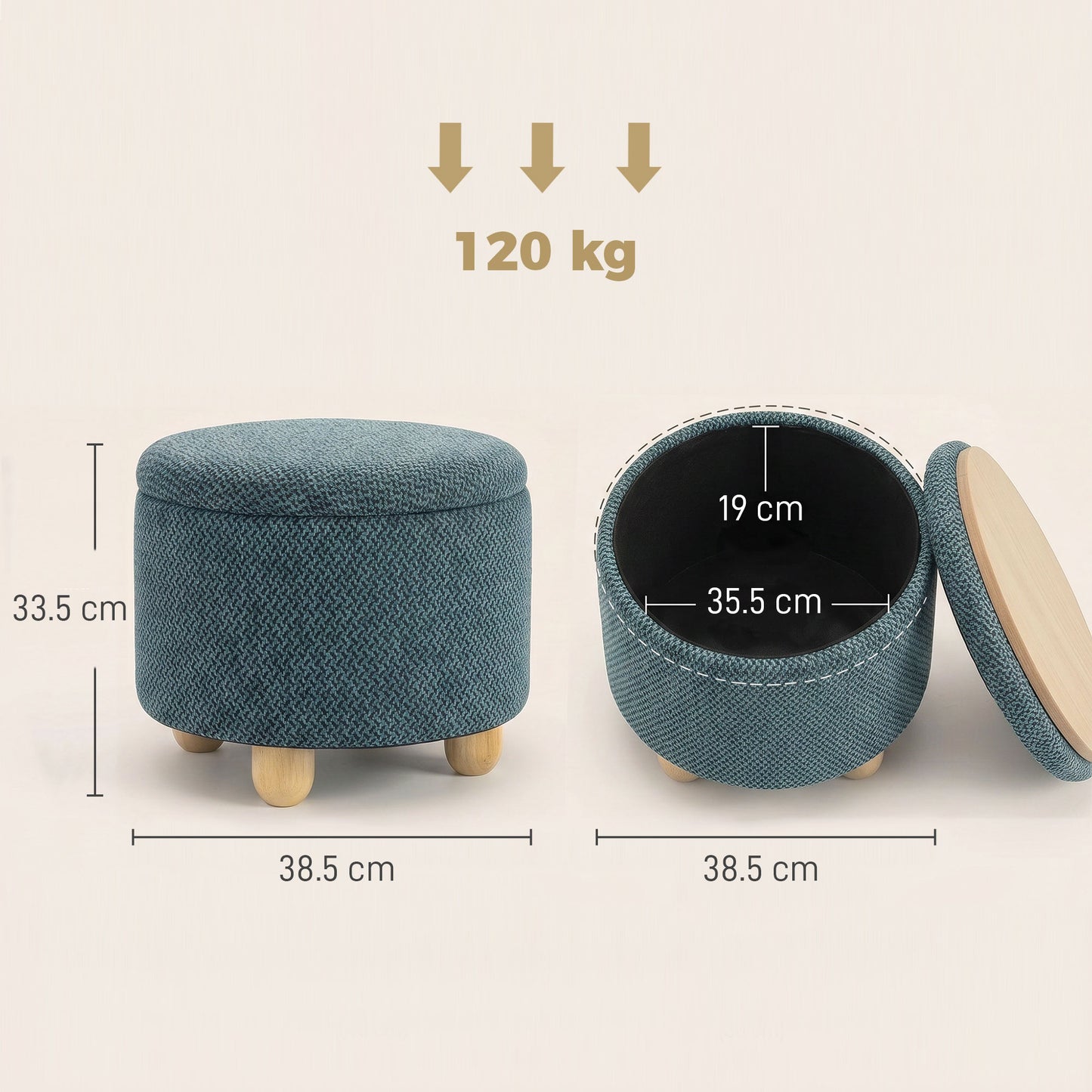HOMCOM Round Storage Ottoman Bench With Lid Dark Blue Upholstered Footrest And Tabletop Rubberwood Legs