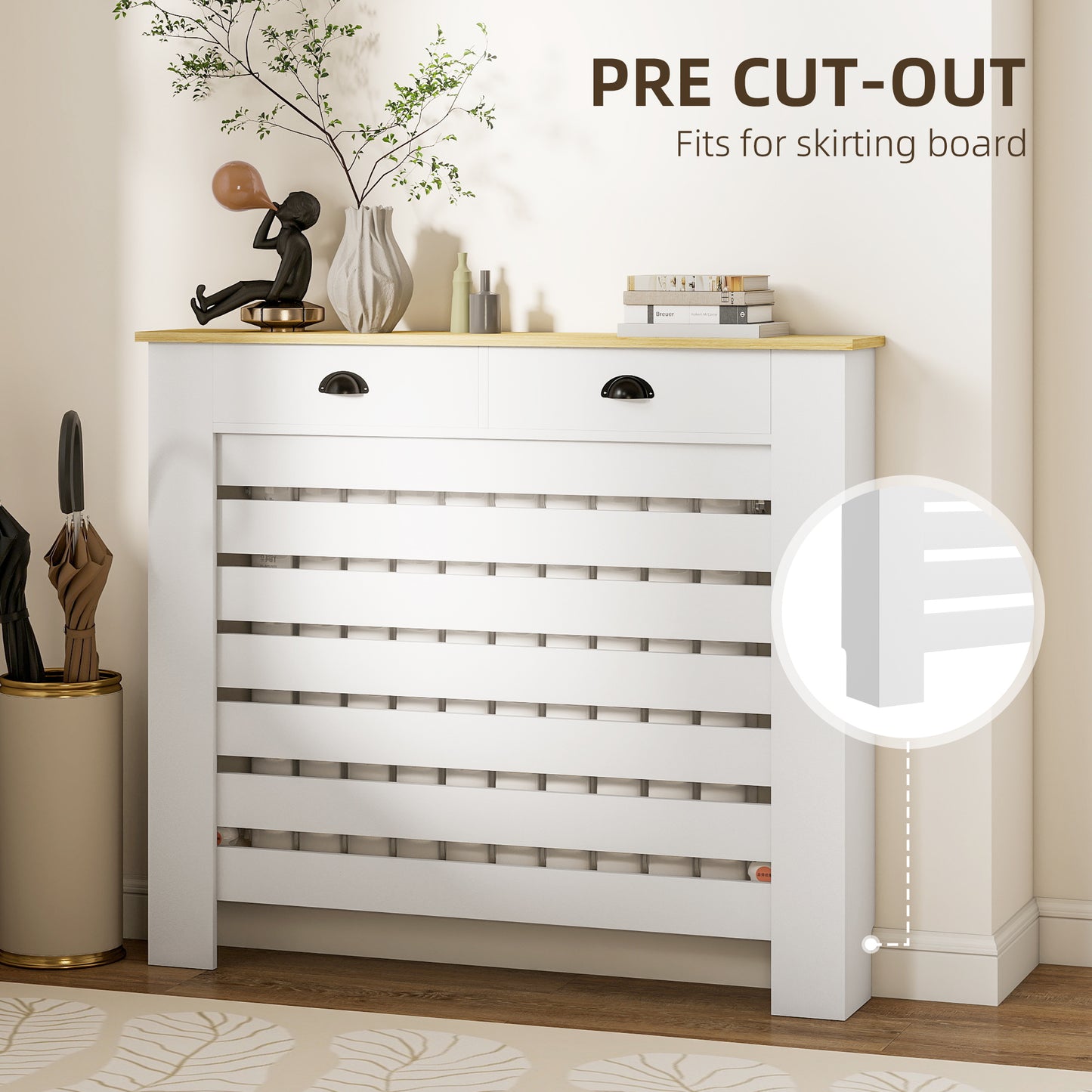 HOMCOM Slim Radiator Cover With Drawer White Slatted Design 95.5 H x 111 W cm MDF and Particle Board