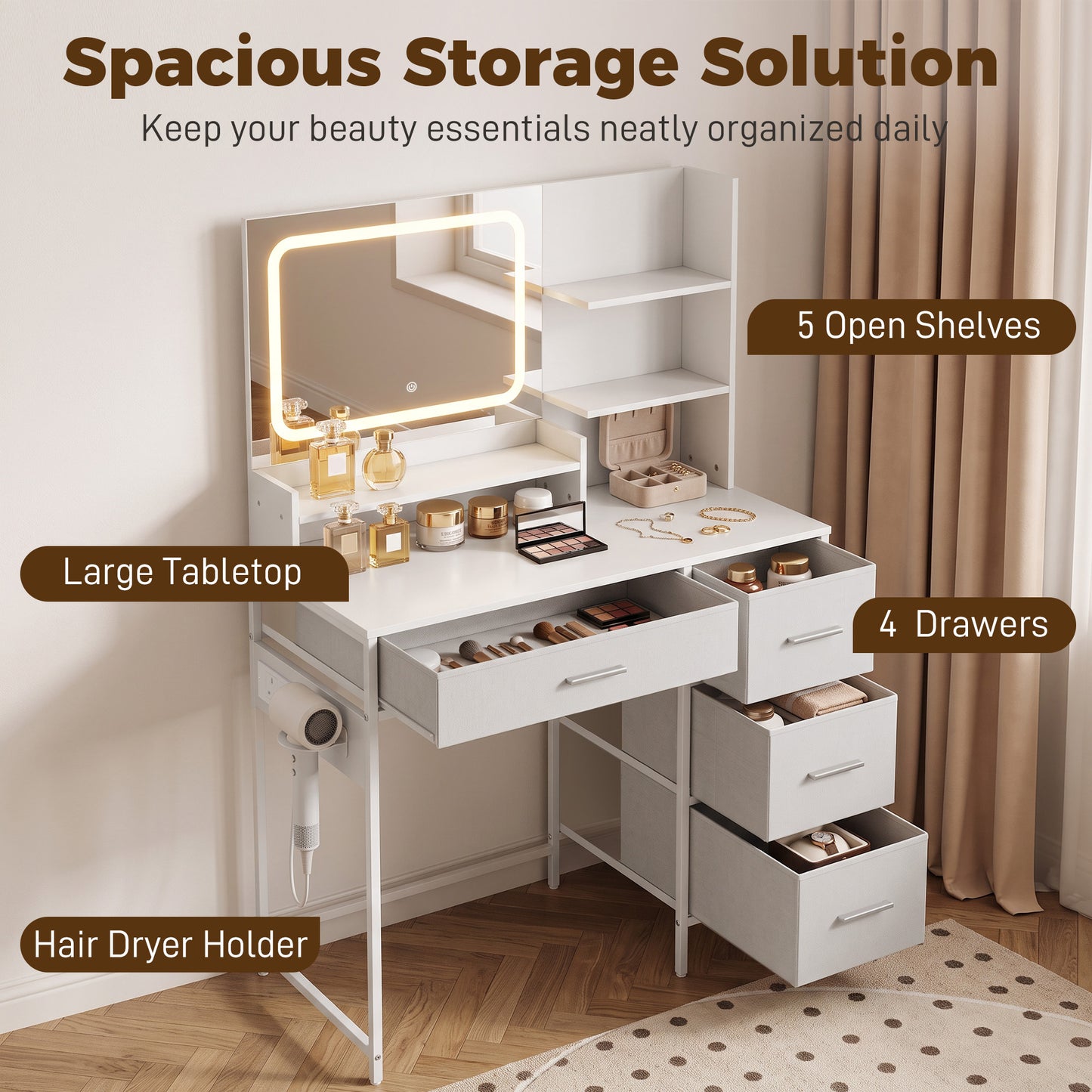 HOMCOM Vanity Desk With LED Mirror, 4 Drawers, 5 Shelves, Power Outlet
