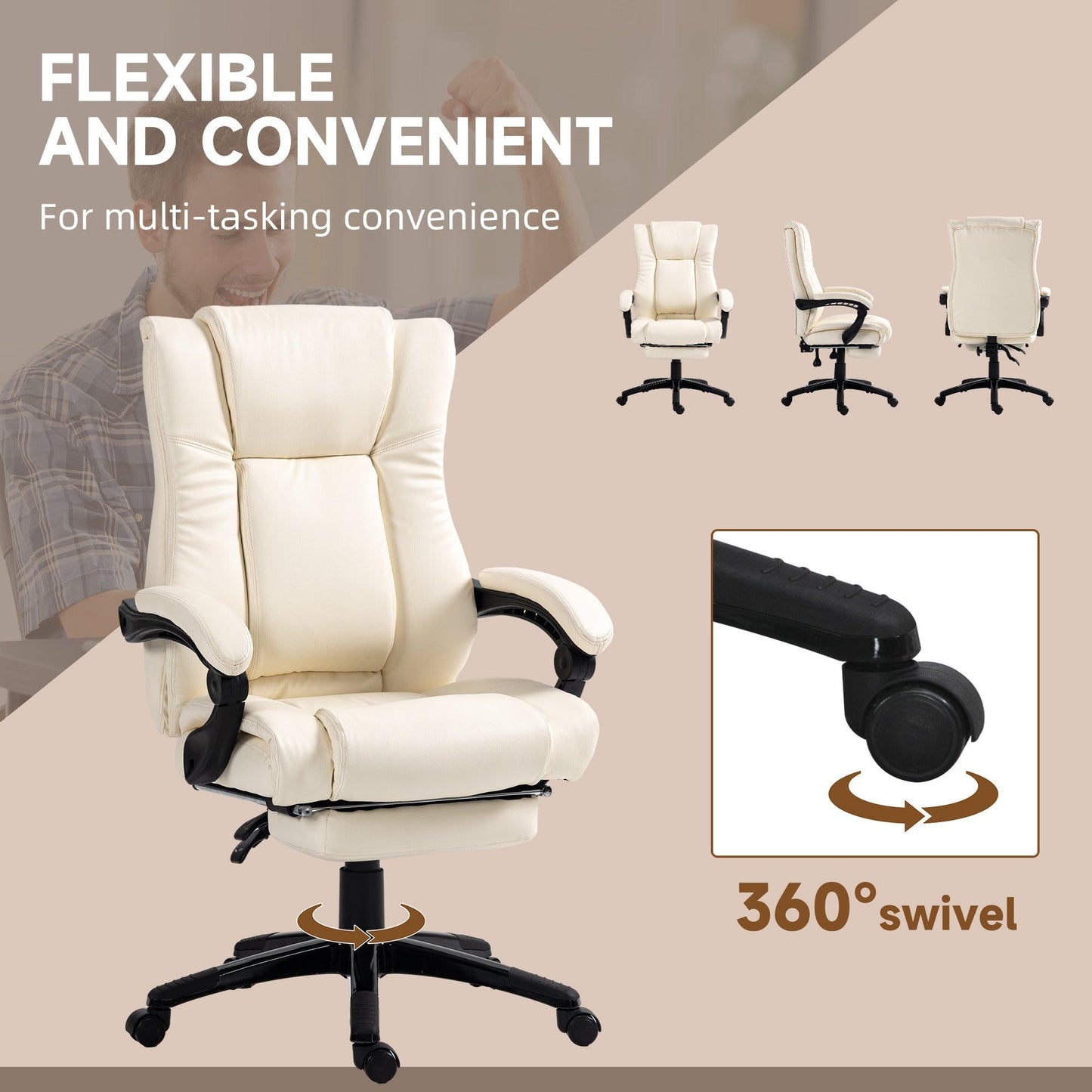 Vinsetto PU Leather Office Chair, Swivel Computer Chair with Footrest, Wheels, Adjustable Height, Cream White - ALL4U RETAILER LTD