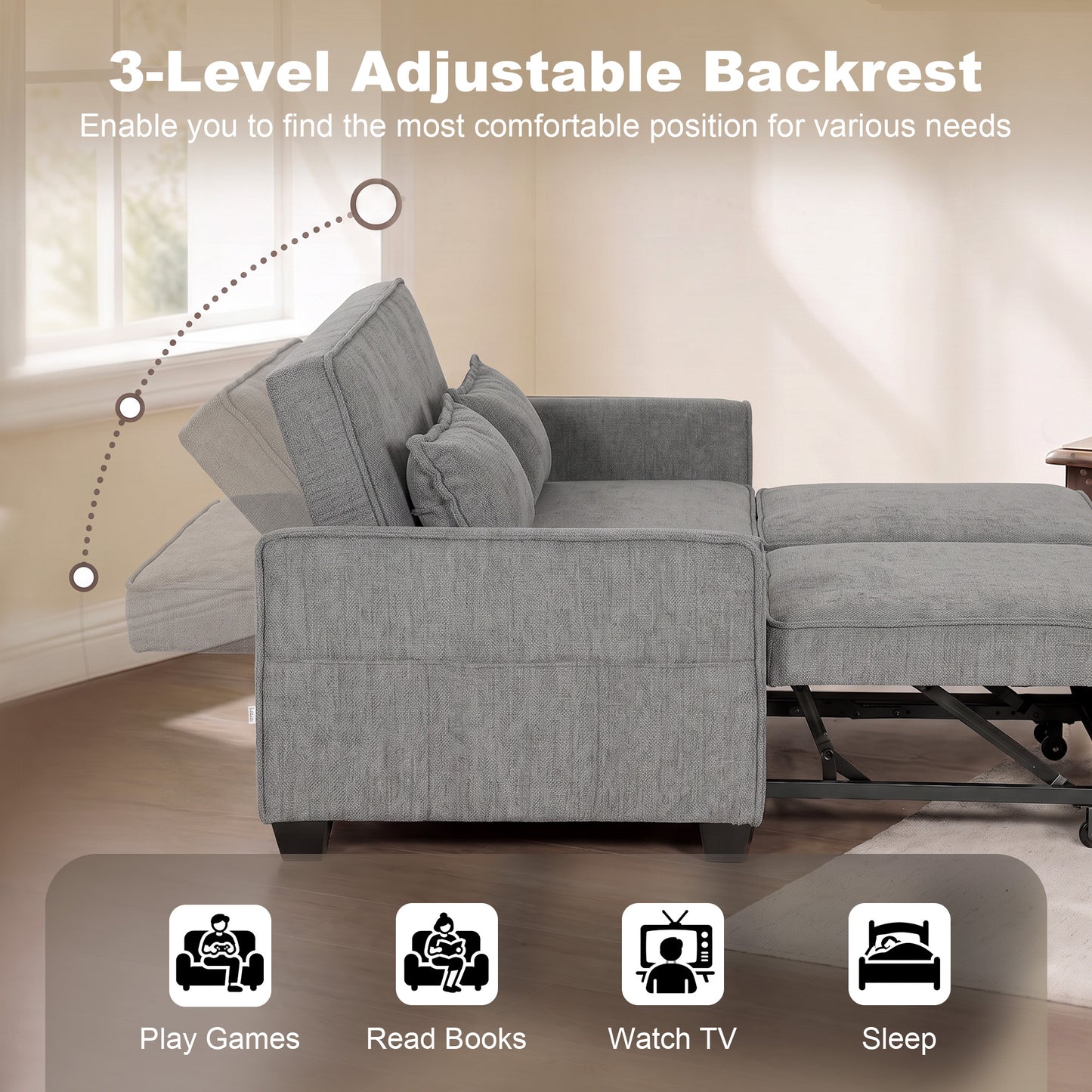 HOMCOM 2 Seater Sofa Bed 4 In 1 L Shaped Convertible Pull Out Sleeper With Adjustable Backrest And Side Pockets Grey