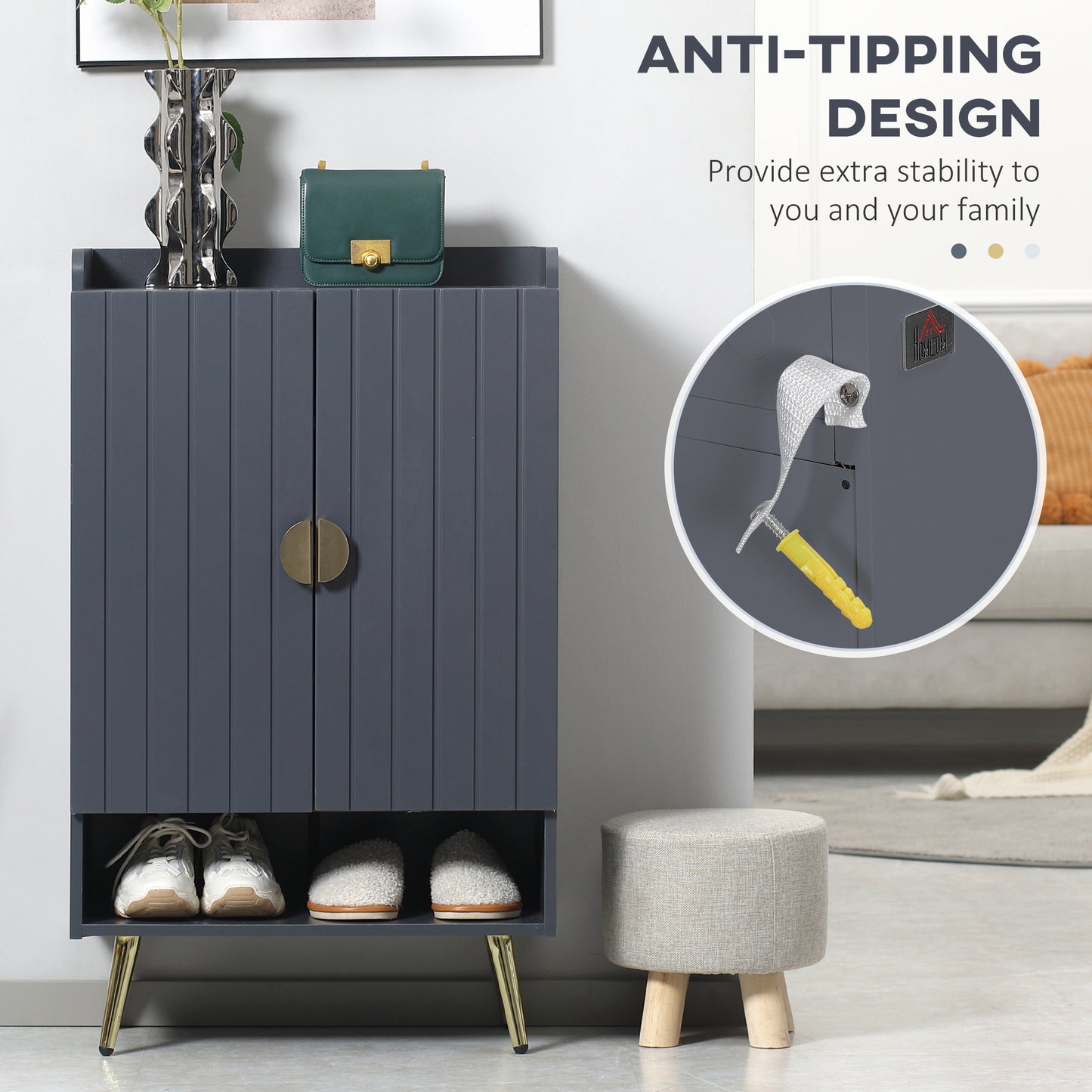 HOMCOM Modern Grey Shoe Cabinet With Two Doors Open Shelf And Adjustable Shelves For 15 Pairs Hallway Entryway Storage