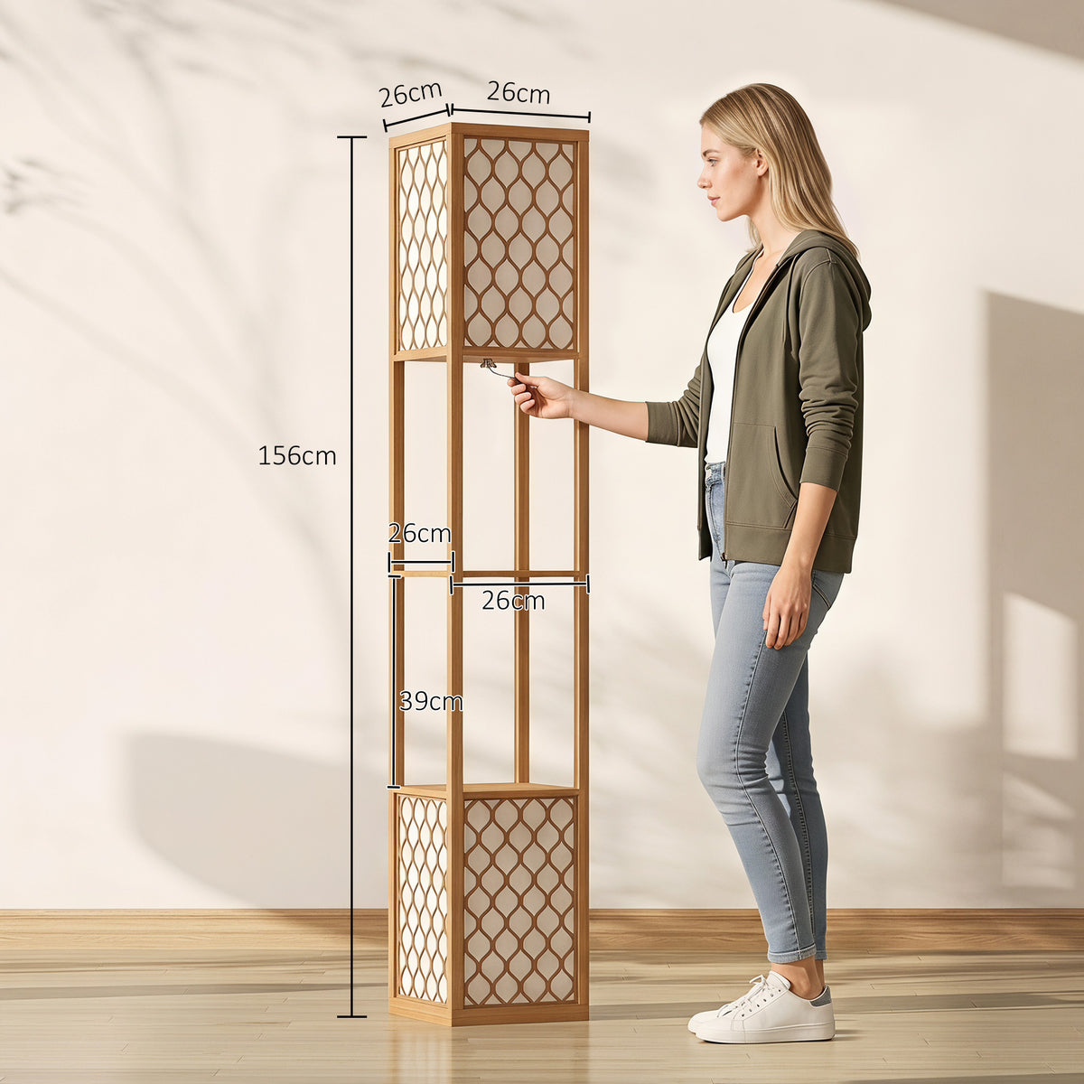 Tall wooden dual head floor lamp with open shelves and lattice light panels