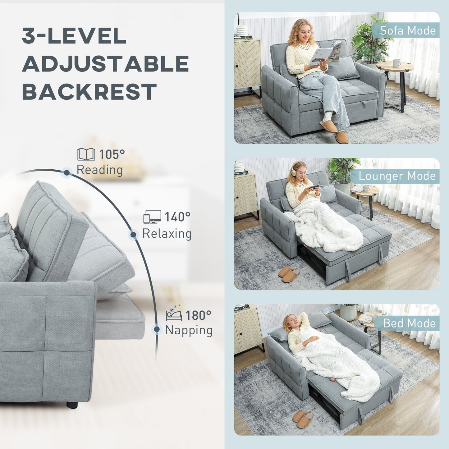 HOMCOM Two Seater Sofa Bed Three In One Convertible Sleeper Sofa With Adjustable Backrest And Two Pillows Grey
