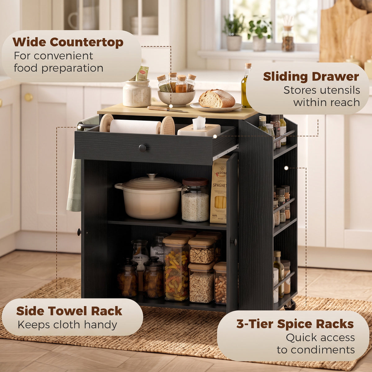 Kitchen island cart with sliding drawer, side towel rack, and 3-tier spice racks