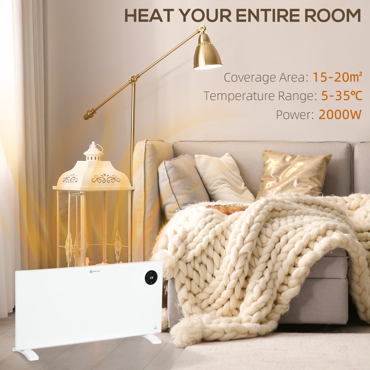 HOMCOM 2000W Electric Convector Heater Freestanding Or Wall Mounted With Adjustable Thermostat Timer White