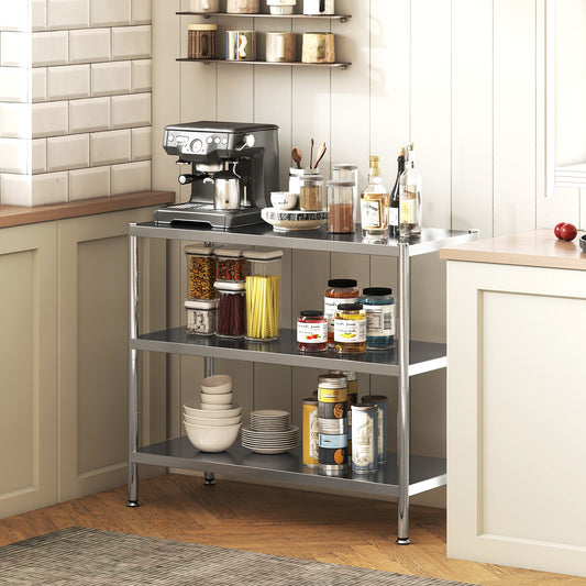 Stainless steel 3-tier bakers rack with open shelves and microwave stand, silver