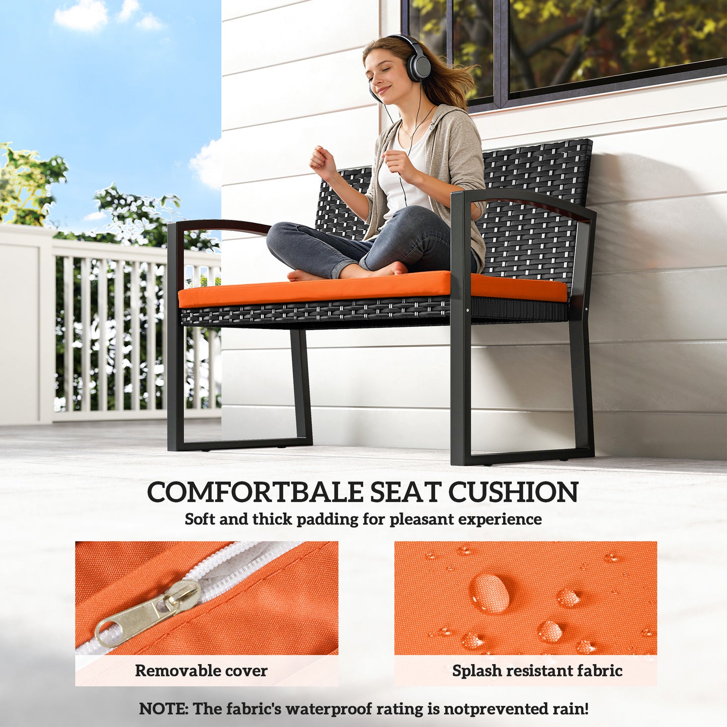 Outsunny Two Seater Rattan Garden Bench With Cushioned Seat Orange Powder Coated Steel Frame