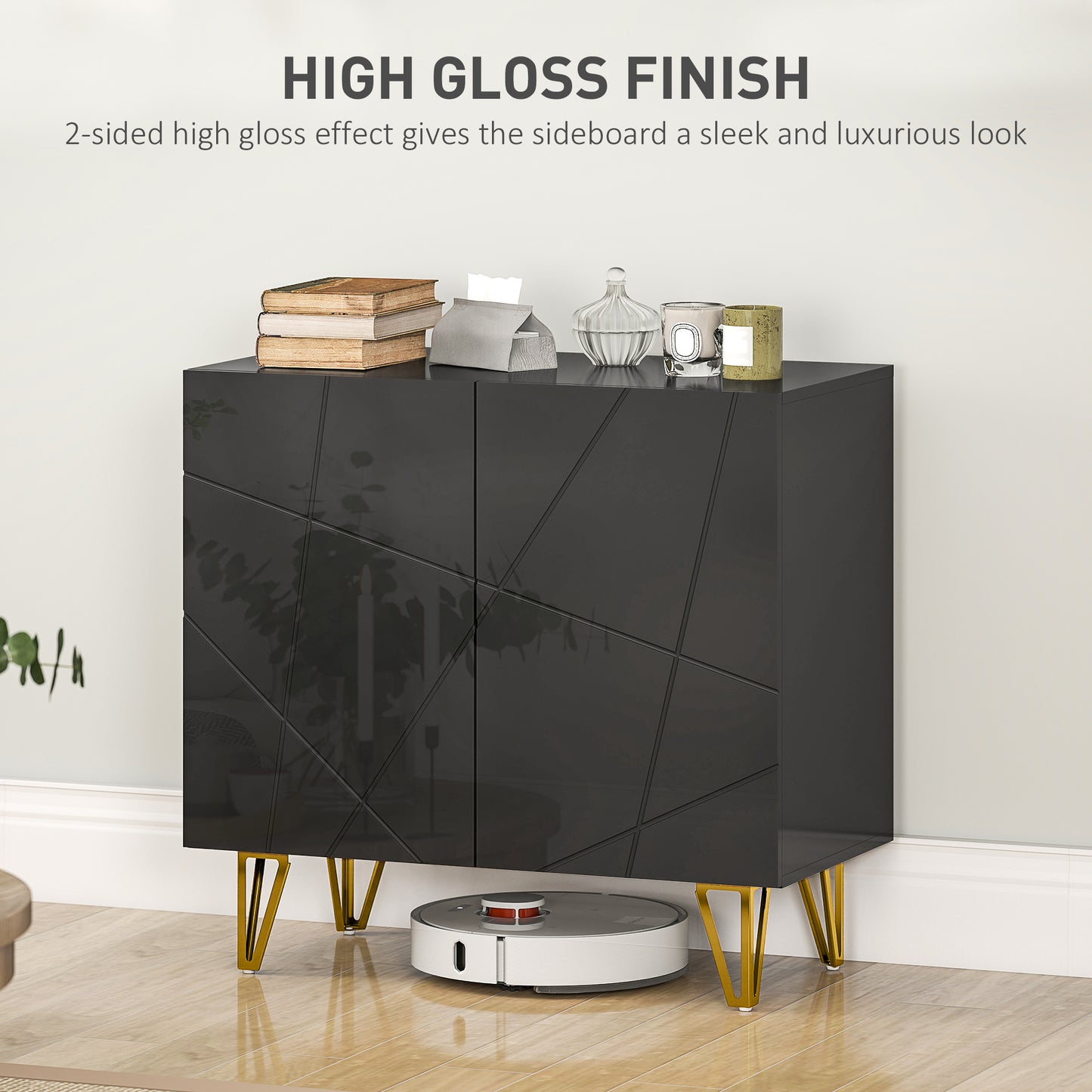 HOMCOM Modern Luxe High Gloss Sideboard With Hairpin Legs In Black Elegant Storage Cabinet