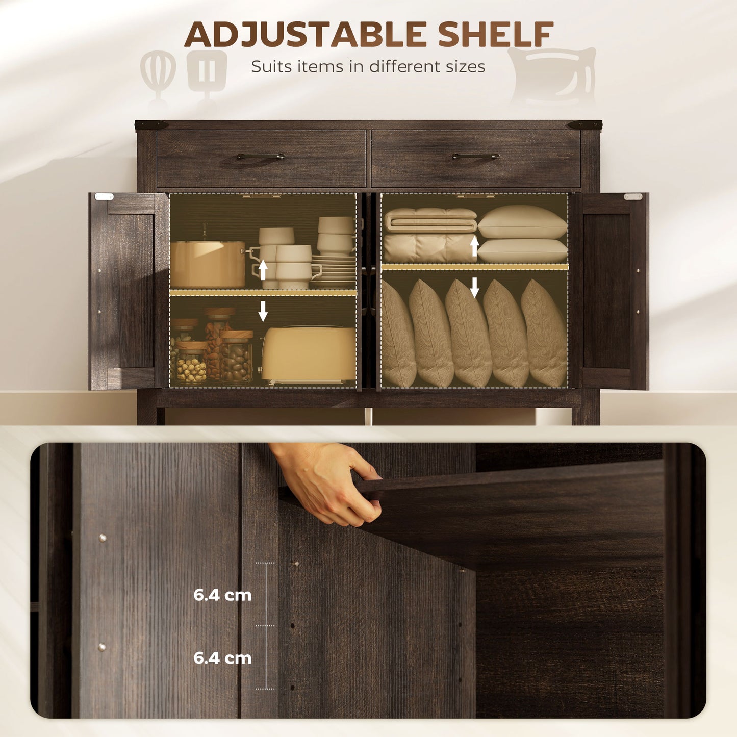 HOMCOM Kitchen Cupboard Sideboard With 4 Doors And 2 Drawers, 2 Adjustable Shelves, Dark Brown Farmhouse Cabinet