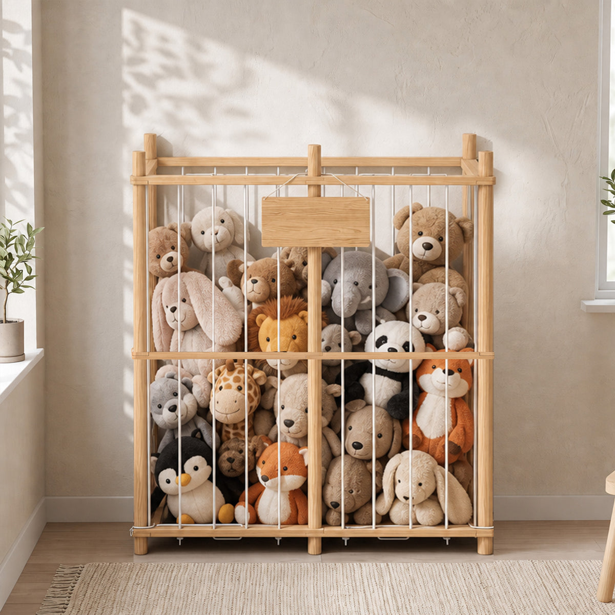 Wooden stuffed animal storage zoo organizer with plush animal collection inside cage