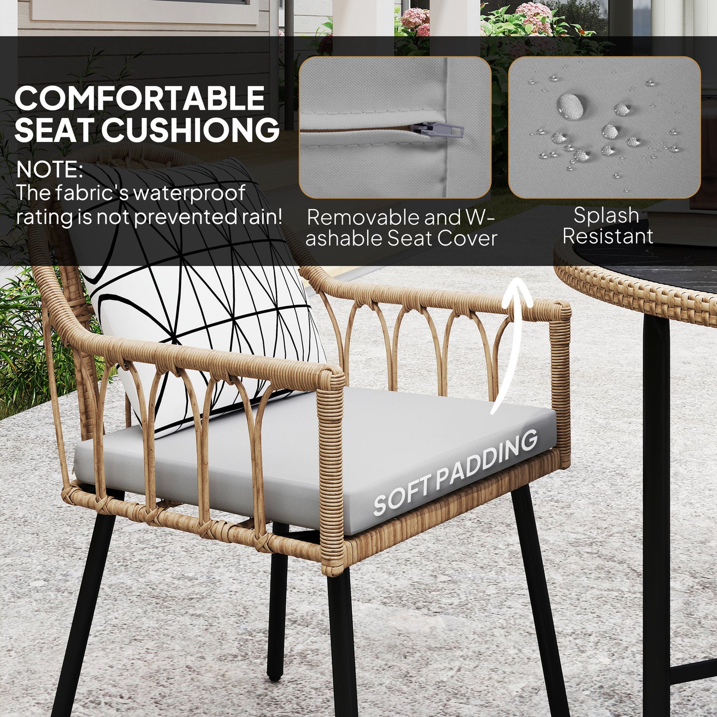 Outsunny 5 Piece Patio Rattan Dining Set With Removable Cushions Round Tempered Glass Tabletop Parasol Hole Light Brown
