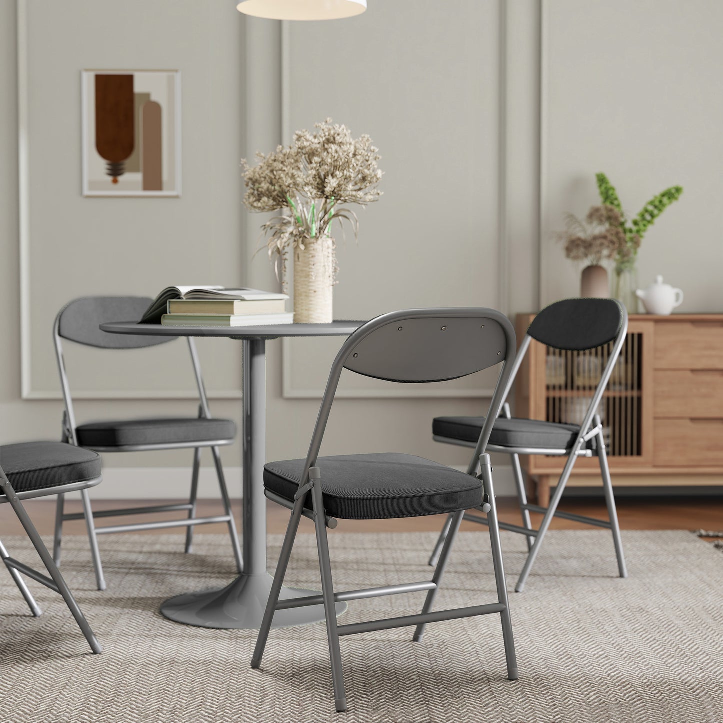 HOMCOM Set of Four Folding Corduroy Seat Chairs Dark Grey With Steel Frame Portable Padded Seating for Dining and Events