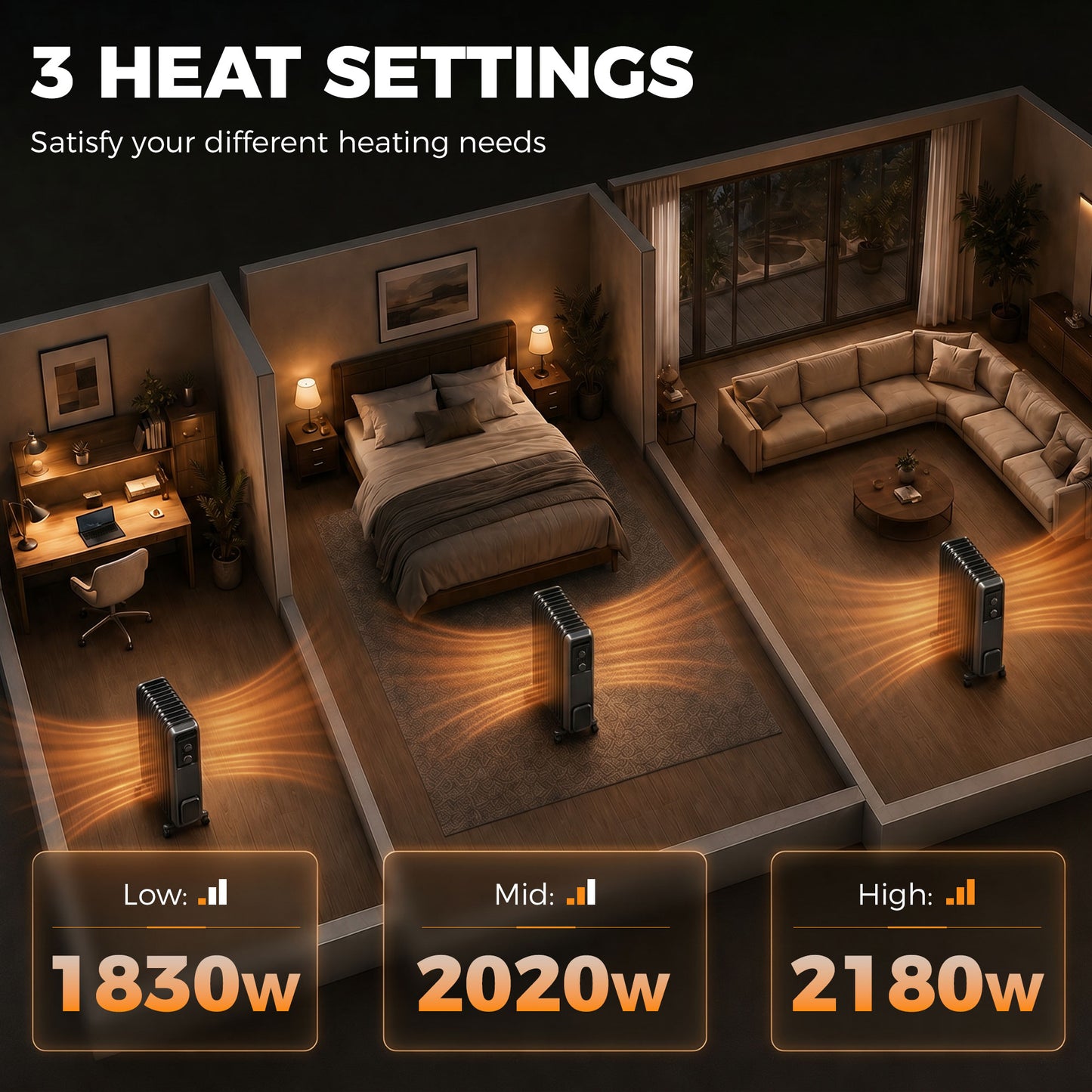 HOMCOM 2000W Oil Filled Radiator 9 Fin Portable Electric Heater With 3 Heat Settings Safety Cut Off And Wheels Grey