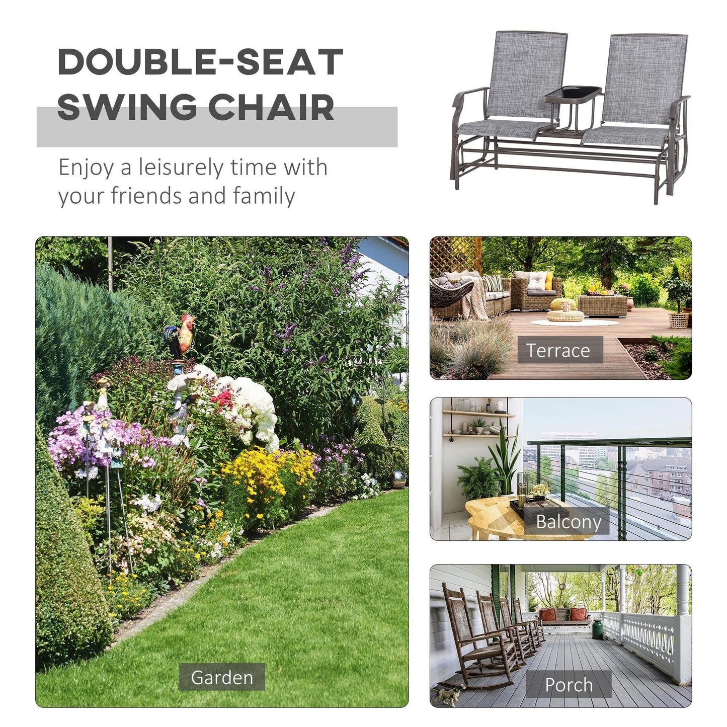 Outsunny Metal Double Swing Chair for Garden Patio with Table - ALL4U RETAILER LTD