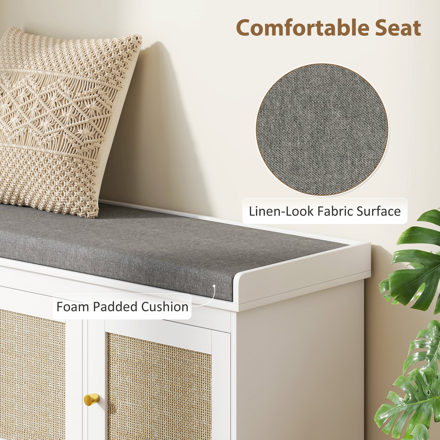 HOMCOM Shoe Storage Bench With Woven Rattan Doors And Soft Removable Cushion White