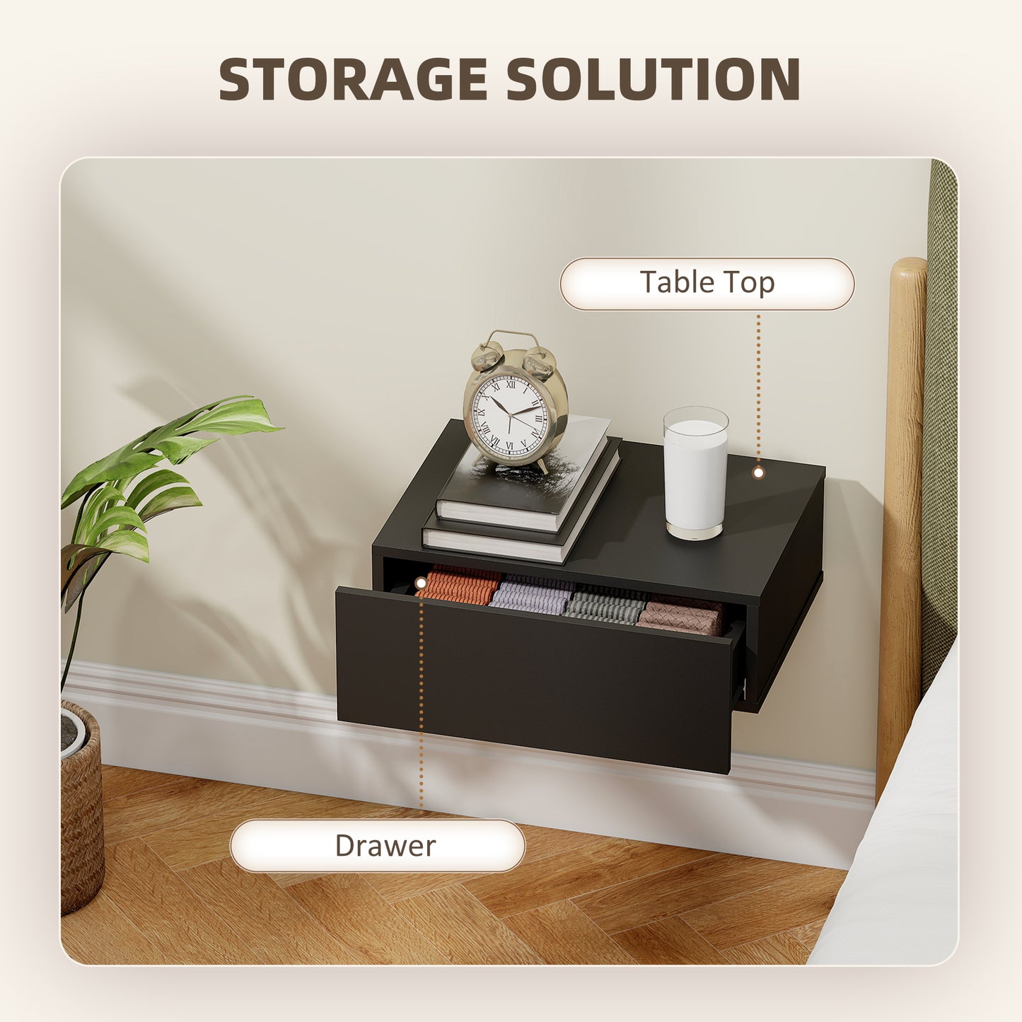 HOMCOM Floating Wall Mounted Bedside Tables Set of 2 with Storage Drawers in Black for Bedroom