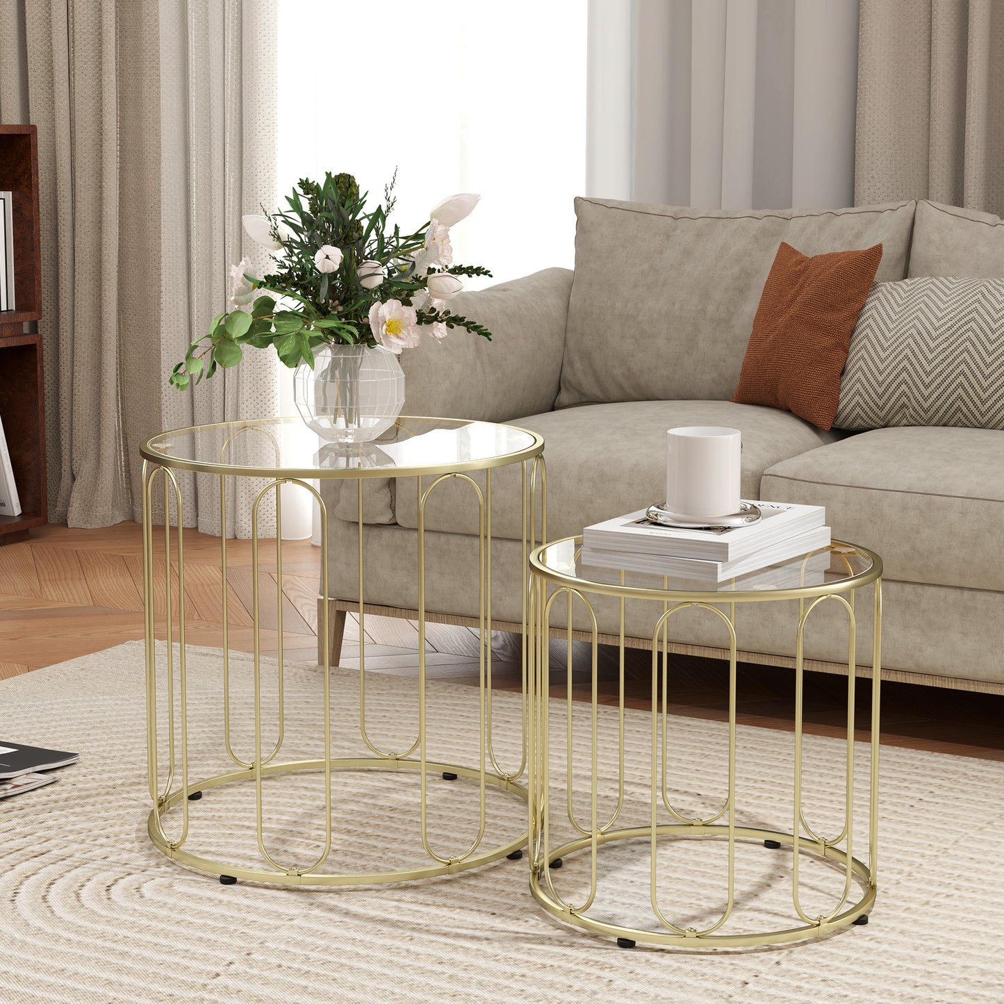 HOMCOM Elliptical Cutout Nesting Tables Gold Tone Glass Top With Metal Ring Frame Two Piece Coffee Table Set