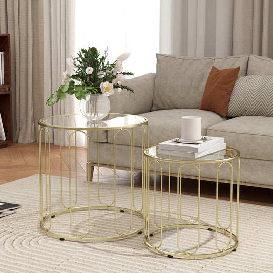 HOMCOM Elliptical Cutout Nesting Tables Gold Tone Glass Top With Metal Ring Frame Two Piece Coffee Table Set