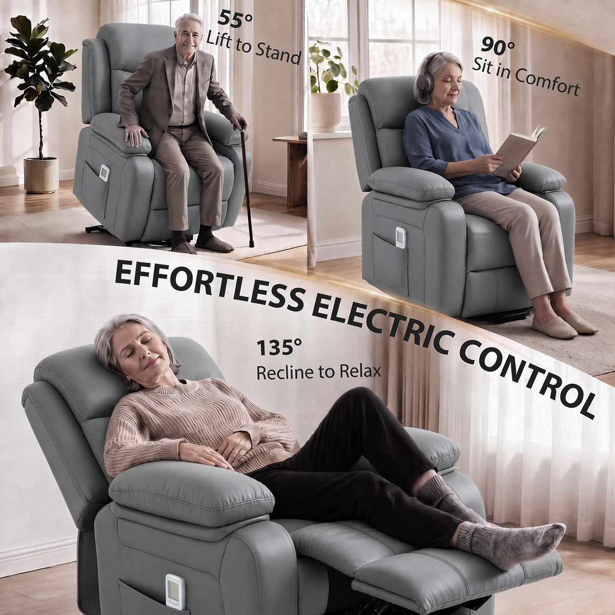 Grey electric control recliner chair showing lift to stand and recline positions