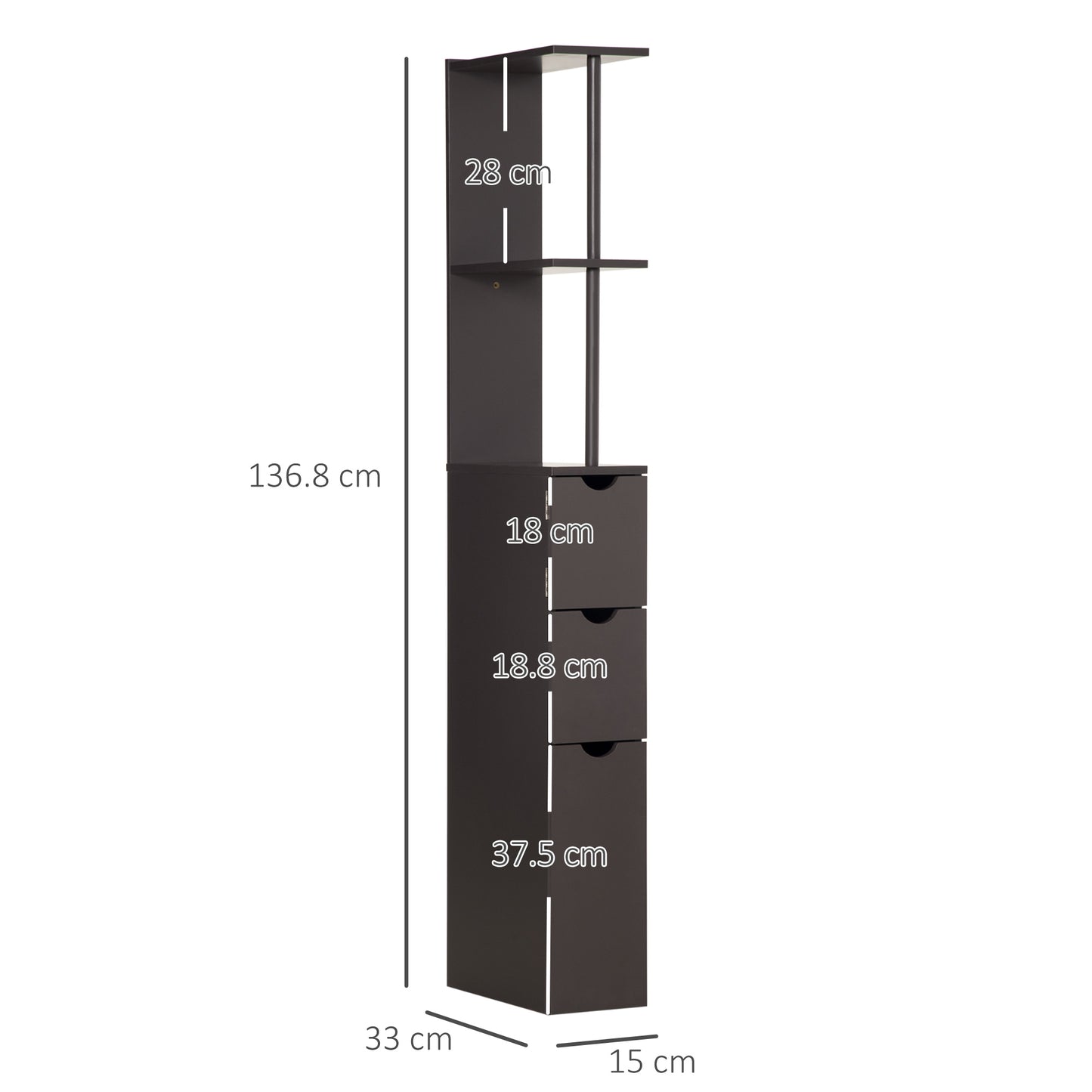 HOMCOM Tall Bathroom Cabinet, Freestanding Slim Bathroom Storage Cabinet with 2-Tier Open Shelf and 2 Drawers for Small Sapce, Narrow Cupboard Storage Unit, Brown