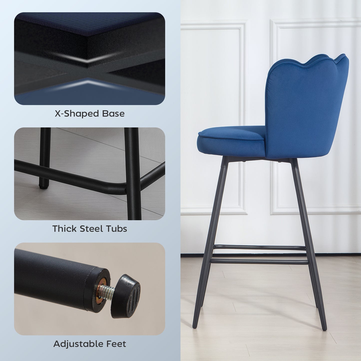 HOMCOM Set Of Two Velvet Lotus Bar Stools In Dark Blue With High Back And Steel Legs